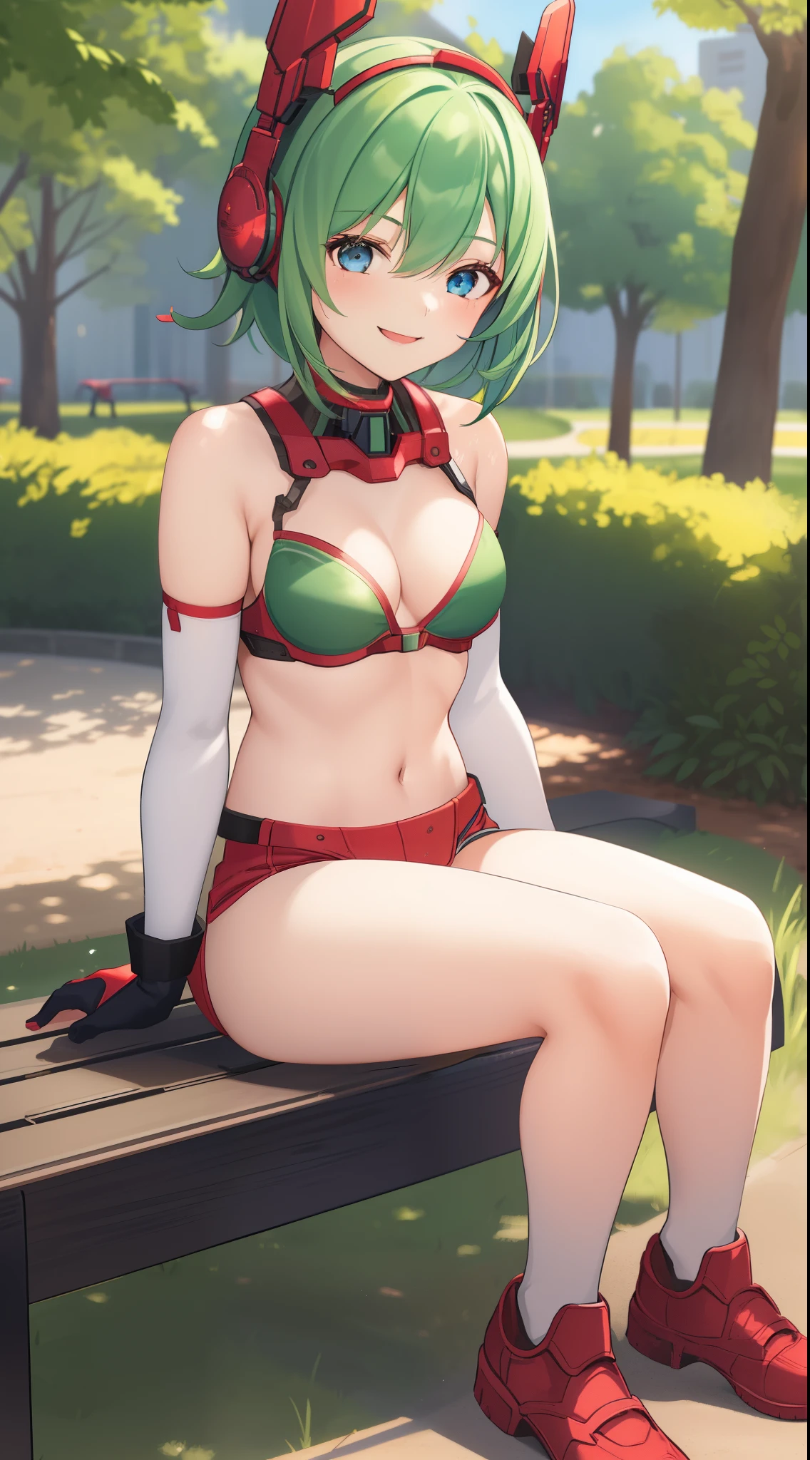 1 girl, , in the park, red bra, demin short, small breasts, short hair, green hair, blue eyes, elbow gloves, cute girl, smiling, mecha headgear, seductive pose, red shoes, sitting in a bench