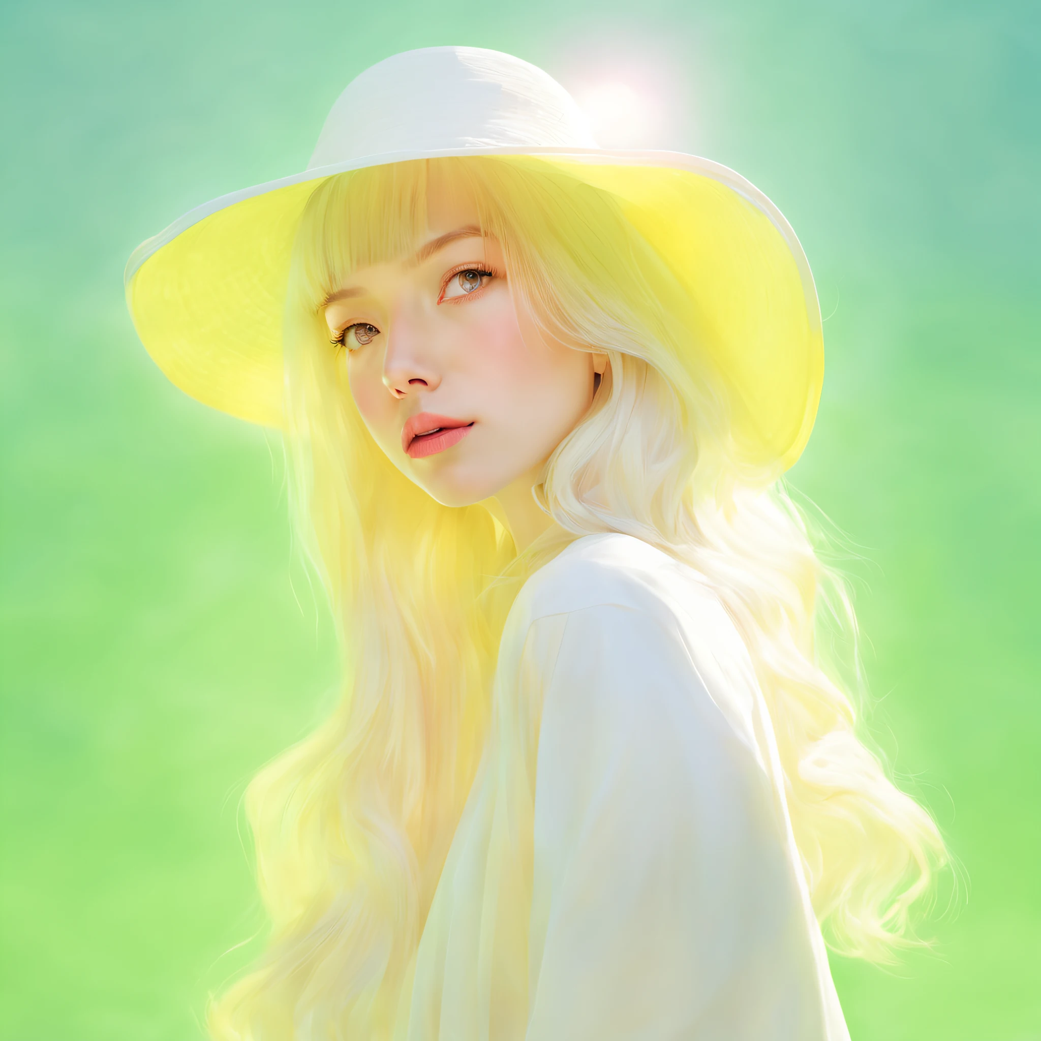 Minimalist style,(1个Giant Breast Girl ),sportrait,s lips, Sun hat,soap, fluorescent gradient background, alabaster hair,messy  hair, Scandinavian ,  ???? poses, (tmasterpiece,Best quality at best,nijistyle)