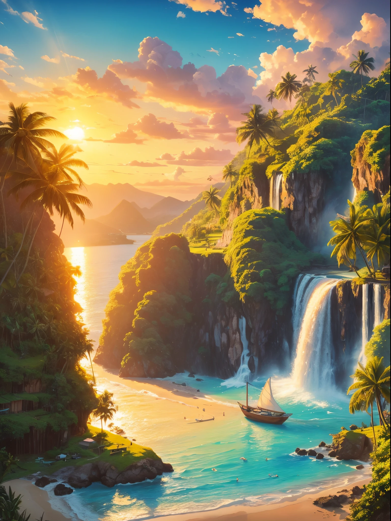 painting of a sunset on a tropical beach with a greeny hill and far distance waterfall in the background, coconut trees, small sailing boat, beautiful art uhd, detailed painting, highly detailed digital art, anime art wallpaper 4k