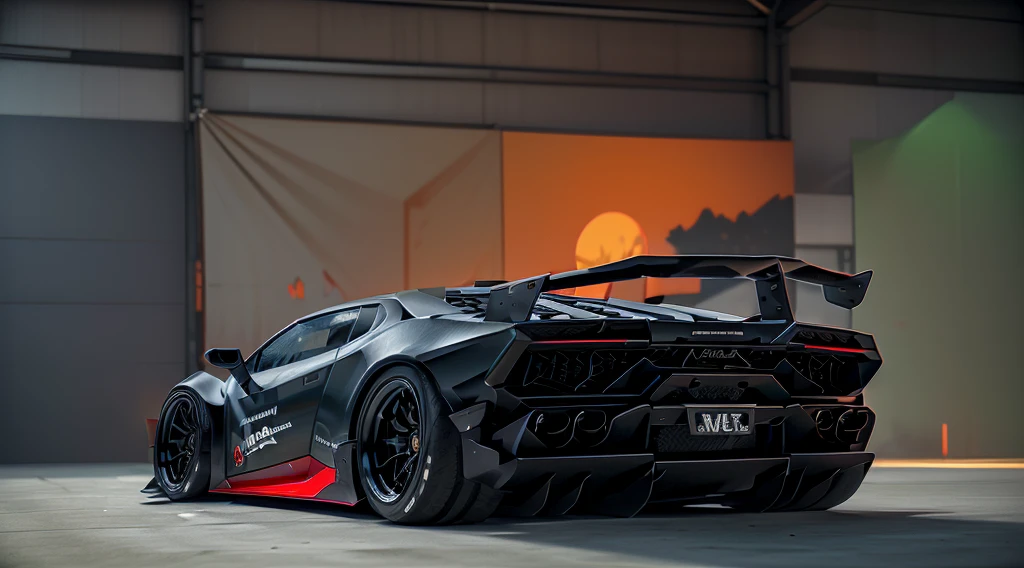 (Racing red), (((Lamborghini Huracan))) LB works body styling, carbon fibre, sporty, high octane racing, (rear wing spoiler), sports exhaust , front bumper splitters, lowered racing suspension, jonsibal design works, hycode, inspired by forza horizon and gran Turismo, detailed automotive concept art, cgi, trending in carscoops.com, artstation.com, behance contest winner, automotive concept art, industrial warehouse backshot, light night LUTs, HDR, capture one, 3ds max, octane render, unreal engine, cinematic low lighting, ground shadows, perfect lighting, moody, hazy, ominous. A truly epic design, raw, detailed bodywork, race decals, sunset shot, reflective glow, ambient night light, stunning, high art, rare, detailed, perfect scale, sacred geometry, rule of thirds, meticulous craftsmanship, spotlighting FX, photorealistic, hyper realism, vibrant orange colour!!
