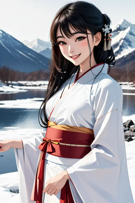 minimalism,1girl, beautiful, smileï¼white hanfu, snowing, mountain, snowflakes, 
, organic_minimalism