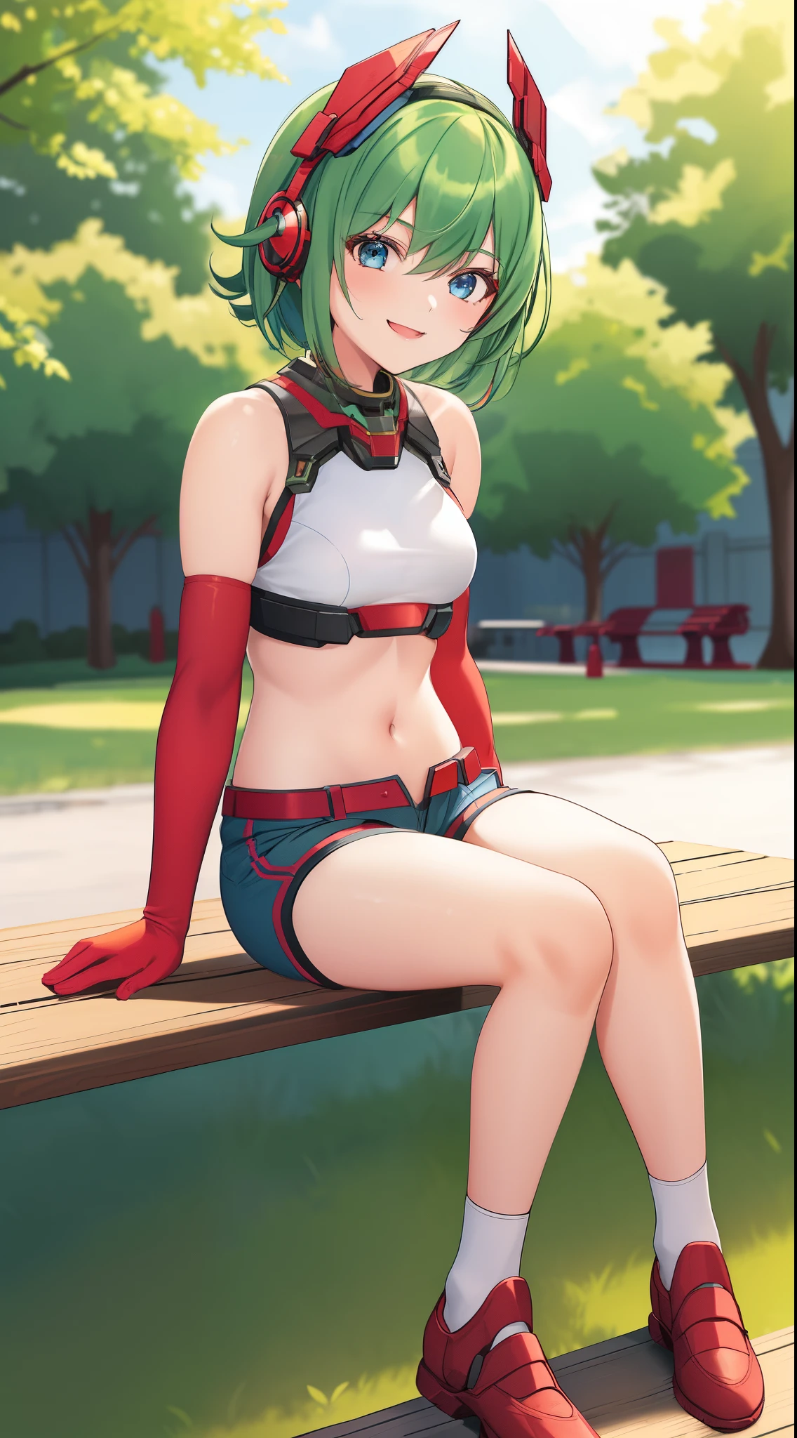 1 girl, ************, in the park, red bra, demin shorts, small breasts, short hair, green hair, blue eyes, elbow gloves, cute girl, smiling, mecha headgear, seductive pose, red shoes, sitting in a bench