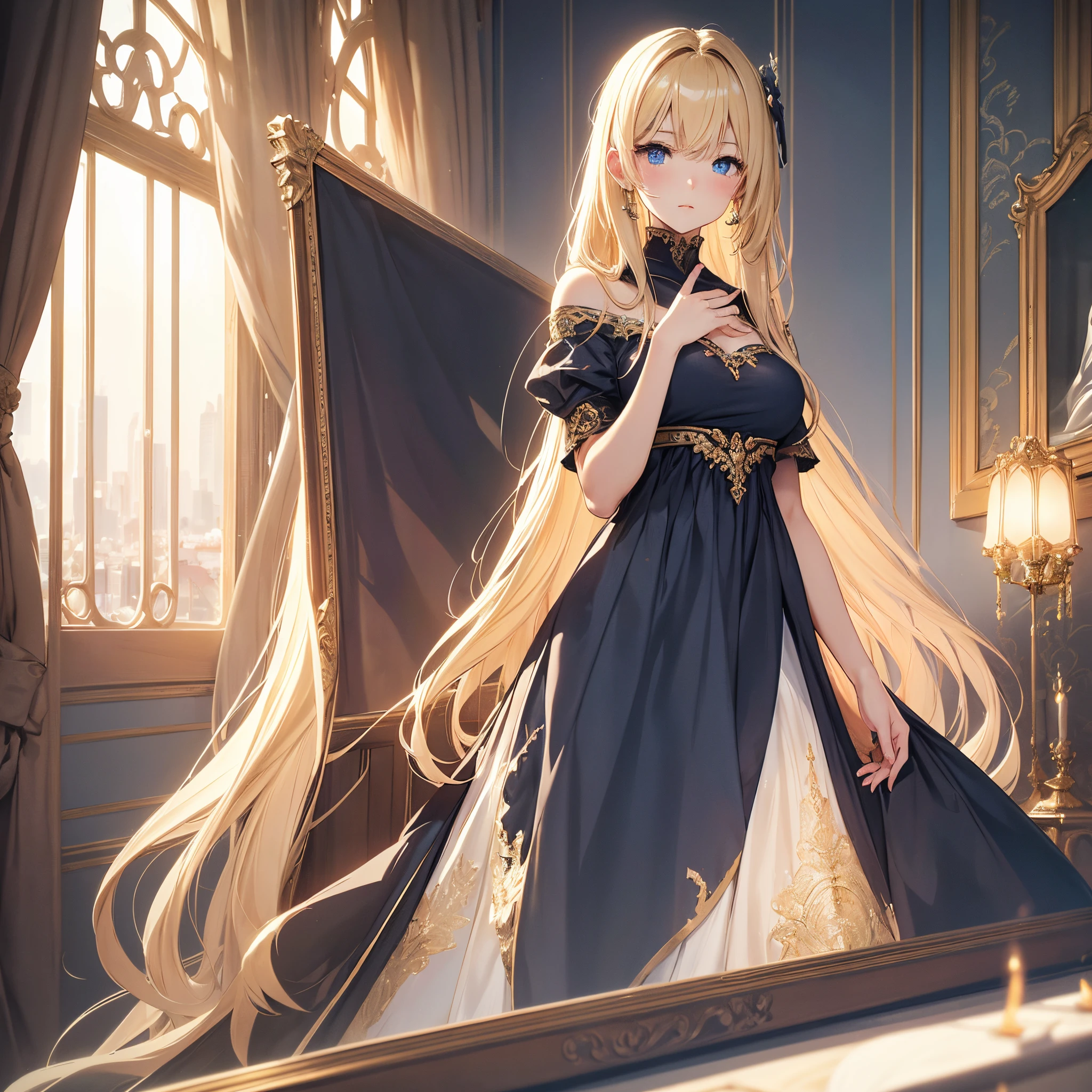 top-quality、Top image quality、masterpiece、girl with((20yr old、Best Bust、big bast、Bust 85,beautiful golden eyereasts wide open,Blonde long hair、A slender、Large valleys、casual Dress Leaning forward、Reflecting the whole body))high quality、Beautiful Art、Background with((Luxury Hotels、 fancy dress、Window with night view)))masterpiece、visualart、depth of fields、alone, sad face, mature look her face, defined glossy lips, blue eyes