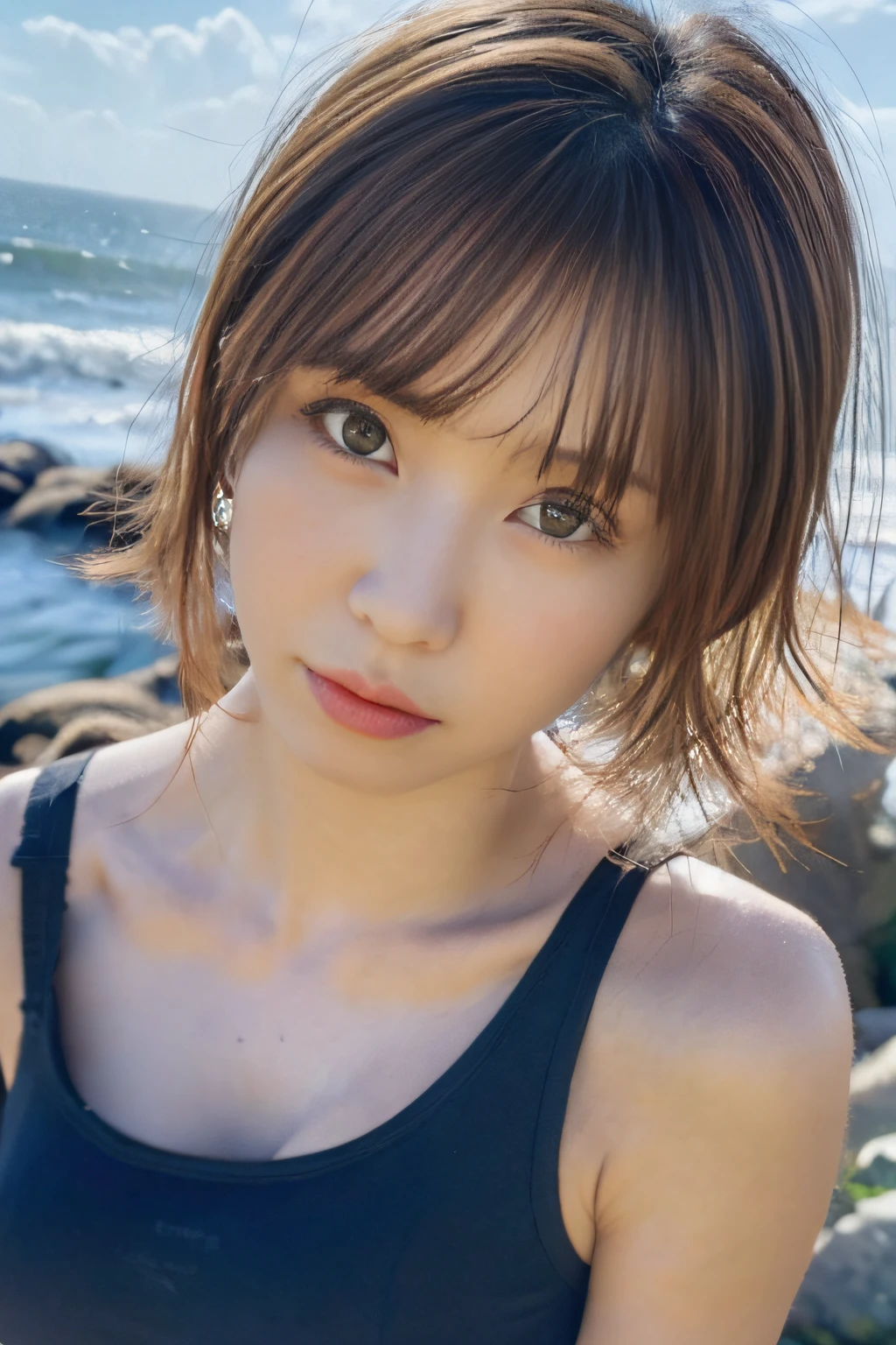 ((of the highest quality)),((masutepiece)),((Very beautiful)), unique light and shadow, One girl, hair messy, Realistic skin texture, strong breeze, Rain, Rocky Shore, rough sea, Feminine pose