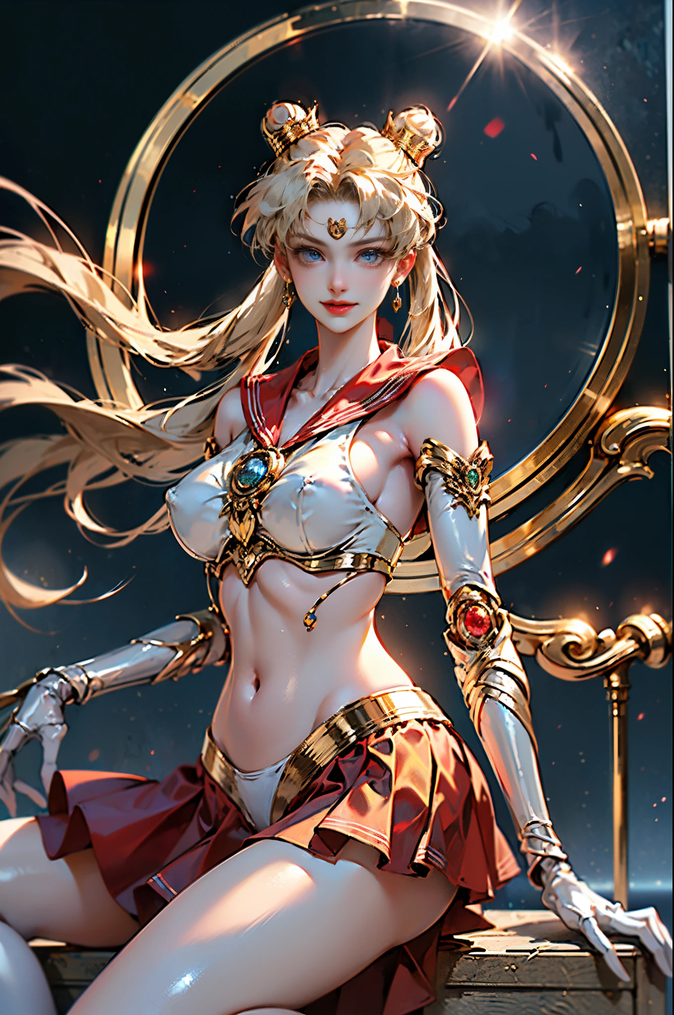 ((tmasterpiece)),((offical wallpaper:1.4)),((Mariner Moon:1.6,eternal sailor moon)),((model poses)),((lewd poses)),((Sexual suggestiveness)),((Leaning back)), ((Sit up with your right leg bent)),((Dynamic posing+Dynamic photography)),((Dramatic composition)),((Look from the bottom up)),((Ultraphotomicrography)), ((Rembrandt light)), ((absurdly long golden hair:1.4)),((Double ponytail in gold:1.6)),((Parted bangalls in a bun:1.4)),((Red round hair accessories in bun)),(ssmile:1.4),(dressed in:Sailor warrior:1.6,Ultra mini skirt:1.6,Metallic blue collar,metallic blue skirt)),The content very detailed,Bright and harmonious colors, ((Pubic hair shows through,Plump,Bulge,)),((There a big red bow on the cheows red,Long white rubber gloves,upper arm:1.6,A luxurious golden crown on the forehead,耳Nipple Ring,Luxurious gold jewelry decoration)),((high-leg swimsuit:Very thin and form-fitting high-gloss white leather、High-gloss white glue high-leg cut swimsuit,shiny like oil)),(Detailed faces:1.5),((詳細な目,beautidful eyes,eBlue eyes,long eyelasher)),((ssmile)),((anatomically perfect example:1.6,big chest and thin waist)),((Clean the skin)),((anatomically correct limbs:1.6)),((correct hand:1.6,Complete and beautiful five fingers:1.6)),((High quality octane rendering)), (( Professional Quality,Perfect photography, Ray traching, perfect volumetric lighting )),((quality,CG Unity presents the ultimate in detail,32K)), ((hyper-detailing:1.2)),