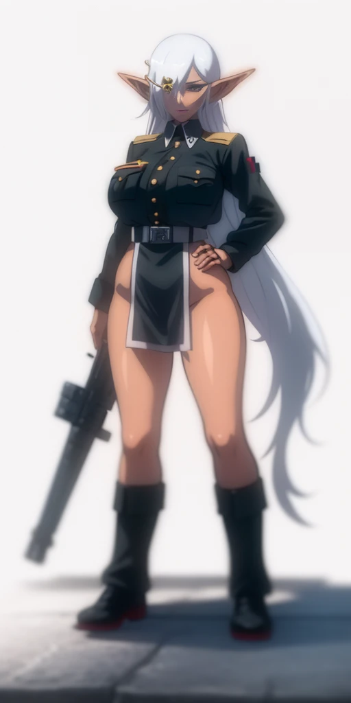 full body standing woman, white background, white hair, long messy hair, black elf skin, militar uniform (nazi uniform), looking to the viewer, short skirt, open chest, erotic but SFW