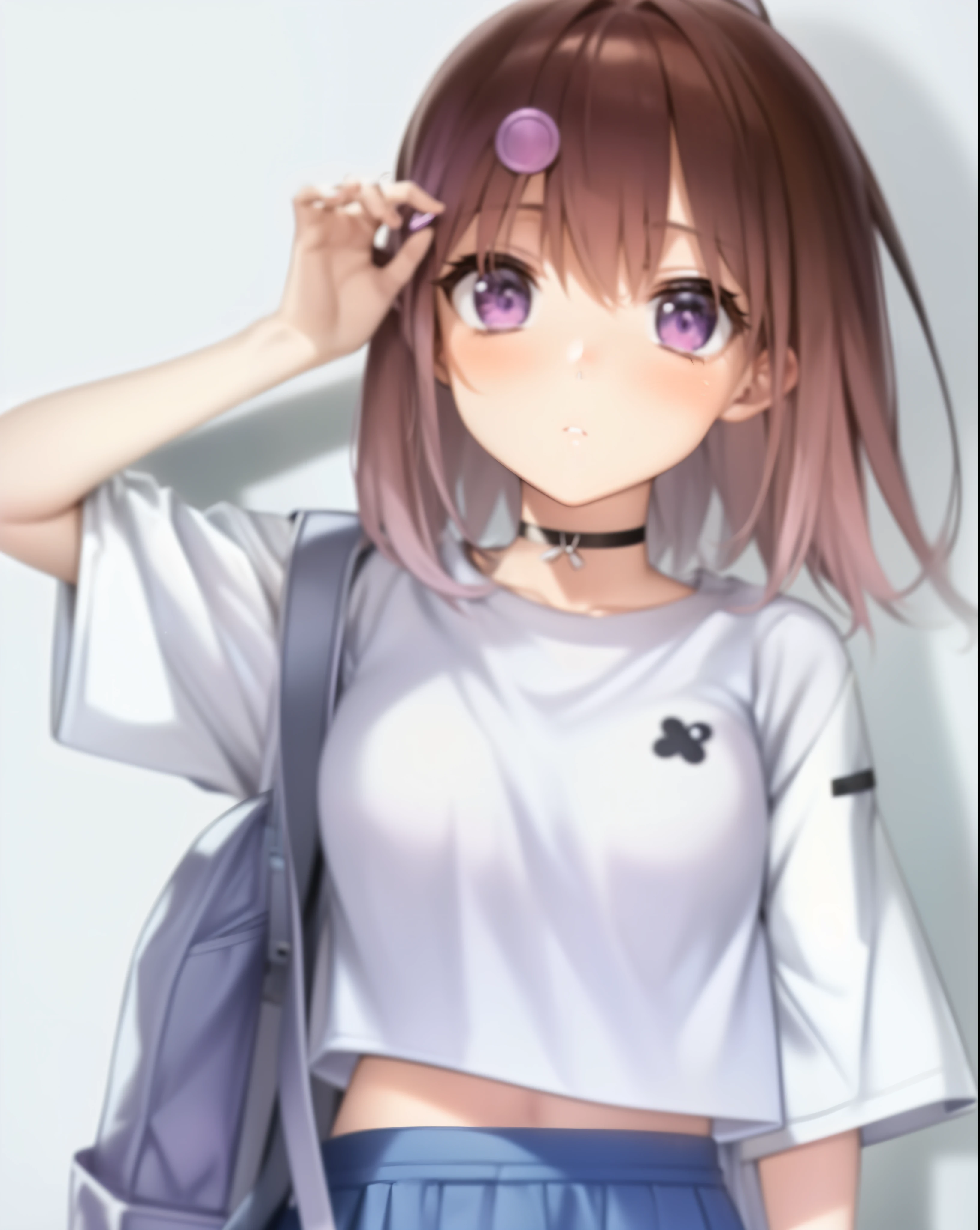 anime girl with a backpack and a white shirt and purple hair, an anime girl, cute anime girl, anime visual of a cute girl, young anime girl, anime girl, style anime, pretty anime girl, attractive anime girl, realistic young anime girl, cute anime style, beautiful anime girl, anime vibes, cute anime face, portrait of an anime girl, kawaii realistic portrait