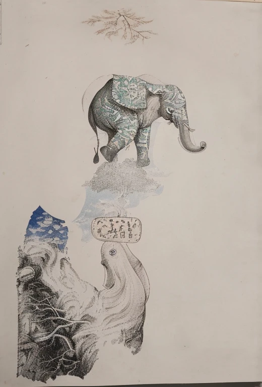 a bird cursed by god,grew in the soil,Its mouth went through the stone and grew into a tree,Its body turned into tree roots,An elephant standing in a tree talking to birds。
