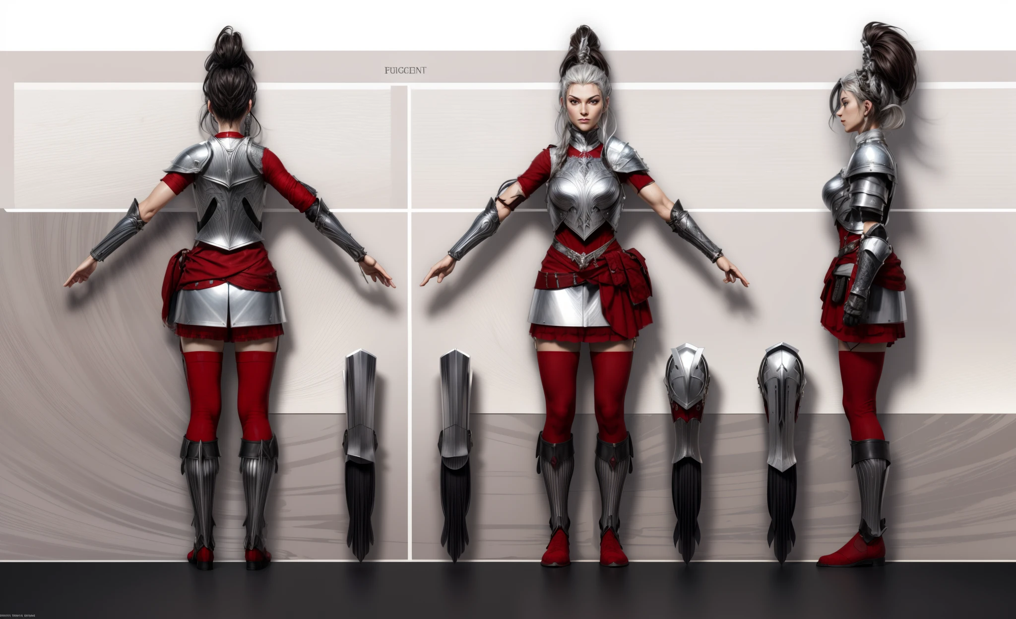 (masterpiece:1.1),(highest quality:1.1),(HDR:1),extreme quality, a close up of a person in armor, full body character concept, full body concept, detailed full body concept art, concept armor, detailed full body concept, full body concept art, British soldier style character, game character design, concept character, full body character concept art, 3 d character reference sheet, female, video game character concept, detailed character design, character sheet, character model sheet turnaround , front and back, front and back, Paladin wearing Silver Chain Armor with Moonlit Edges, red costume, ( red fabric shorts skirt inside ), silver spike helmet with horsehair, ( black fabric boots ), black long stocking