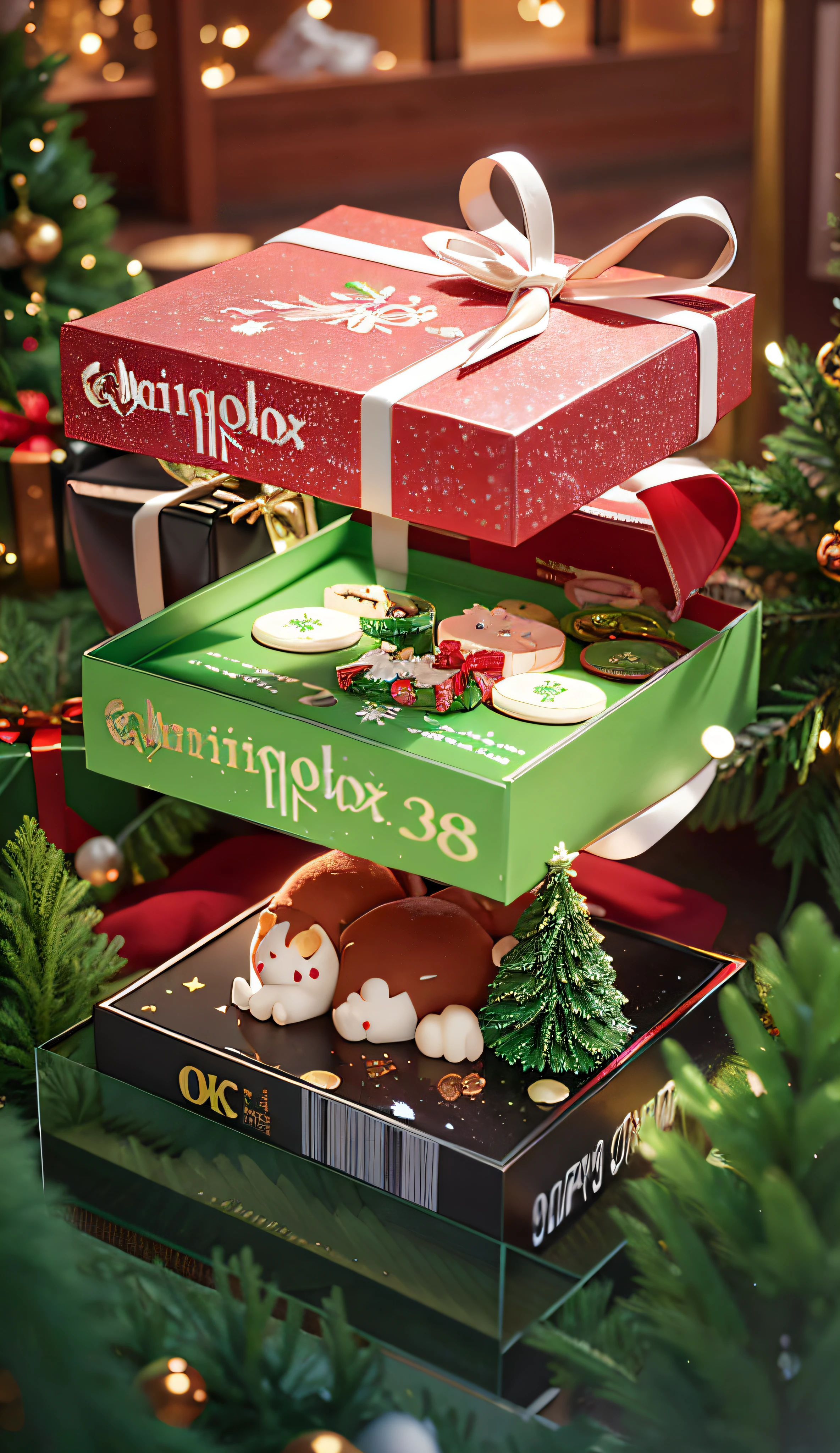 There a green box there,oda#39;Christmas cake above, Official artwork, Propaganda art, gifts, Just a joke, 3d 8k acetate rendering, promotional artwork, DJ, high quality artwork, 8K quality, 8K quality, 6k, 6k, 8K high quality detail art, c 4 d ”, Sk