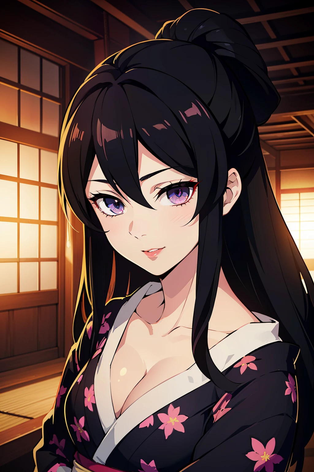 (high-quality, breathtaking),(expressive eyes, perfect face) ((yukata, cleavage, sexy lips)), 1girl, female, solo, young adult, black hair , black coloured eyes, stylised hair, gentle smile, medium length hair, loose hair, hair between eyes, japanese clothing, demon slayer art style