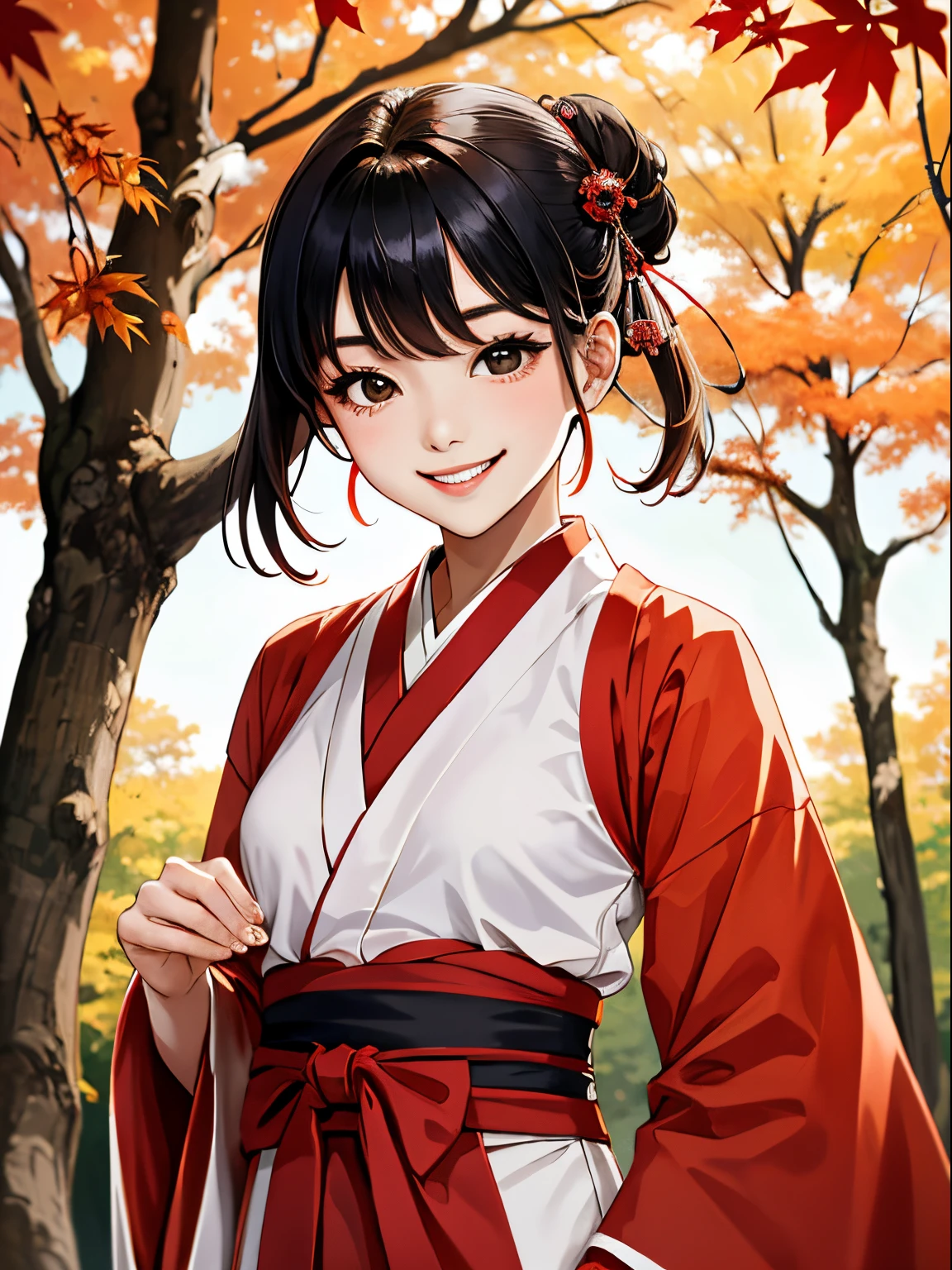 minimalism,1girl, beautiful, smileï¼red hanfu, Maple leaf tress