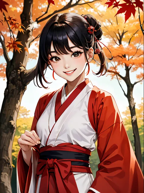 minimalism,1girl, beautiful, smileï¼red hanfu, maple leaf tress