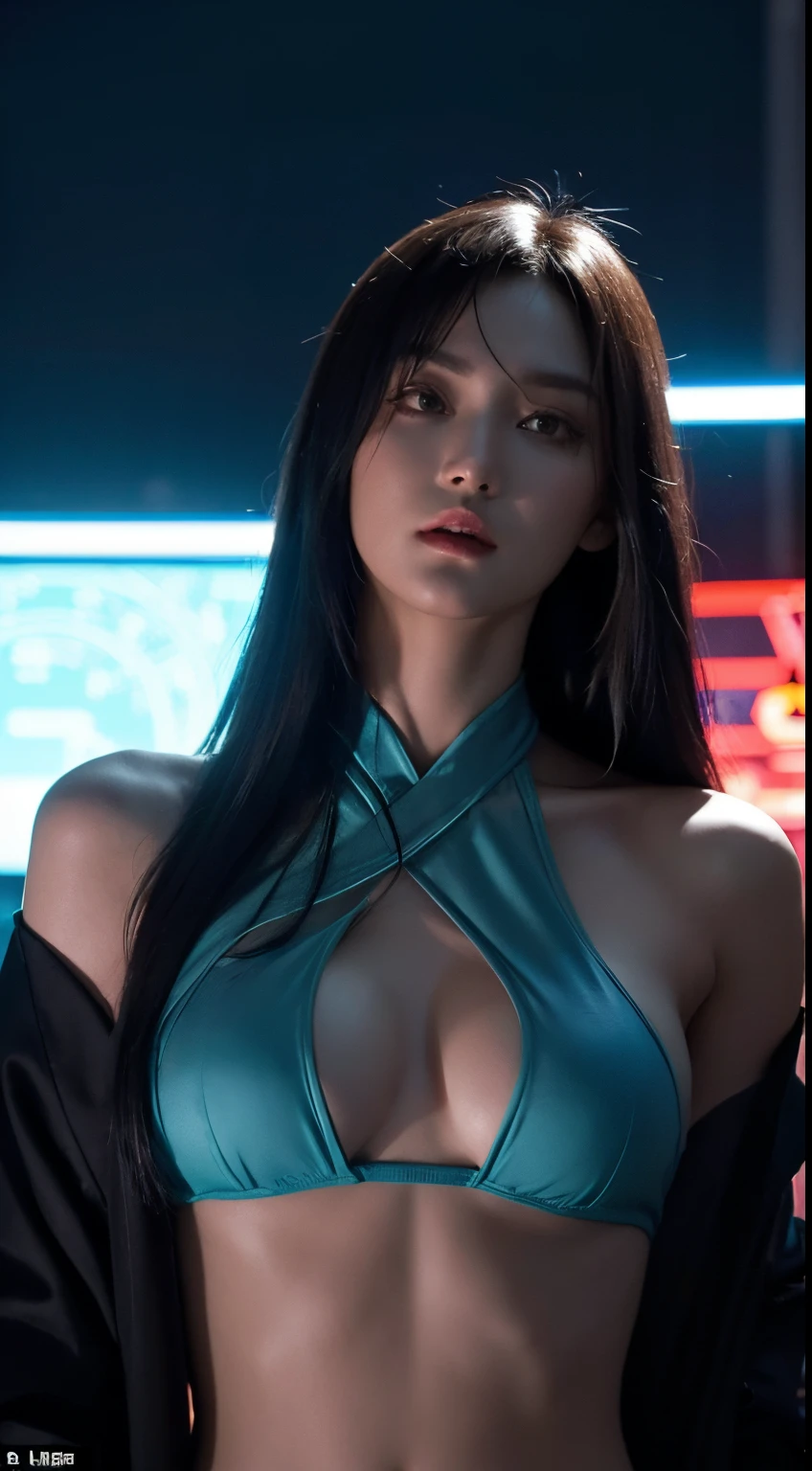 In the future cyberpunk world,Morgana,Cool and cool,ellegance,noble。evening formal robes。Her body exudes a cold light,The patterns and lines on the body seem to be beating,Show her integration with high technology。
Screen angle,Enhance the sense of space and dynamics。Intricate high-rise buildings and pipelines in the background,Neon lights and electronic screens flashing,Create a strong contrast between low-brow life and high-tech。
The overall tone mainly cool colors,accent blue、purple and red pair,Create unique light and shadow effects。Details aspect,Morgana#39;Physical details and high-tech equipment are carefully depicted,Presenting a high sense of futurism and science fiction。
Through the combination of abstract elements and lines,The image creates a mysterious and powerful atmosphere,just like morgana,The ruler of this cyberpunk world,Demonstrate her unique skills and strengths。