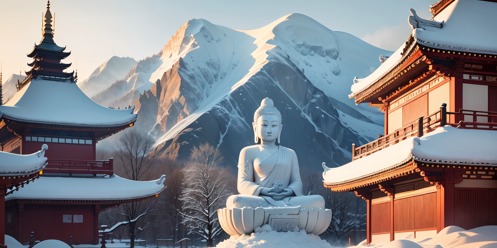 The pagodas and Buddha statues of Shaolin Temple are adorned with snow, creating a beautiful backdrop. The intricate texture of the snow harmonizes with the details of the Buddha statues, as if every delicate aspect presented in 8K resolution. --auto --s2