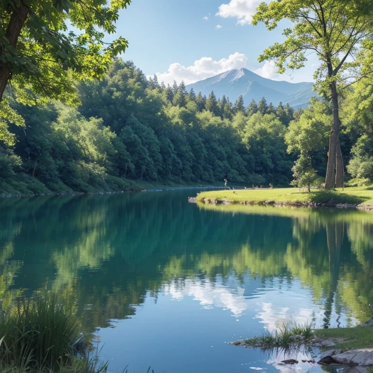 The painting an oil painting,The picture shows a peaceful lake,The water in the lake clear,Reflecting the blue sky and white clouds。In the distance are rolling mountainoggy mountains,It gives a mysterious feeling。There a green forest beside the lake,The shadows of the trees are shining,A gentle breeze blows,The surface of the lake ripples。The whole painting brightly colored,Full of life and vitality,It gives a feeling of tranquility and comfort。This painting makes people feel the beauty and tranquility of nature,Make people feel good。