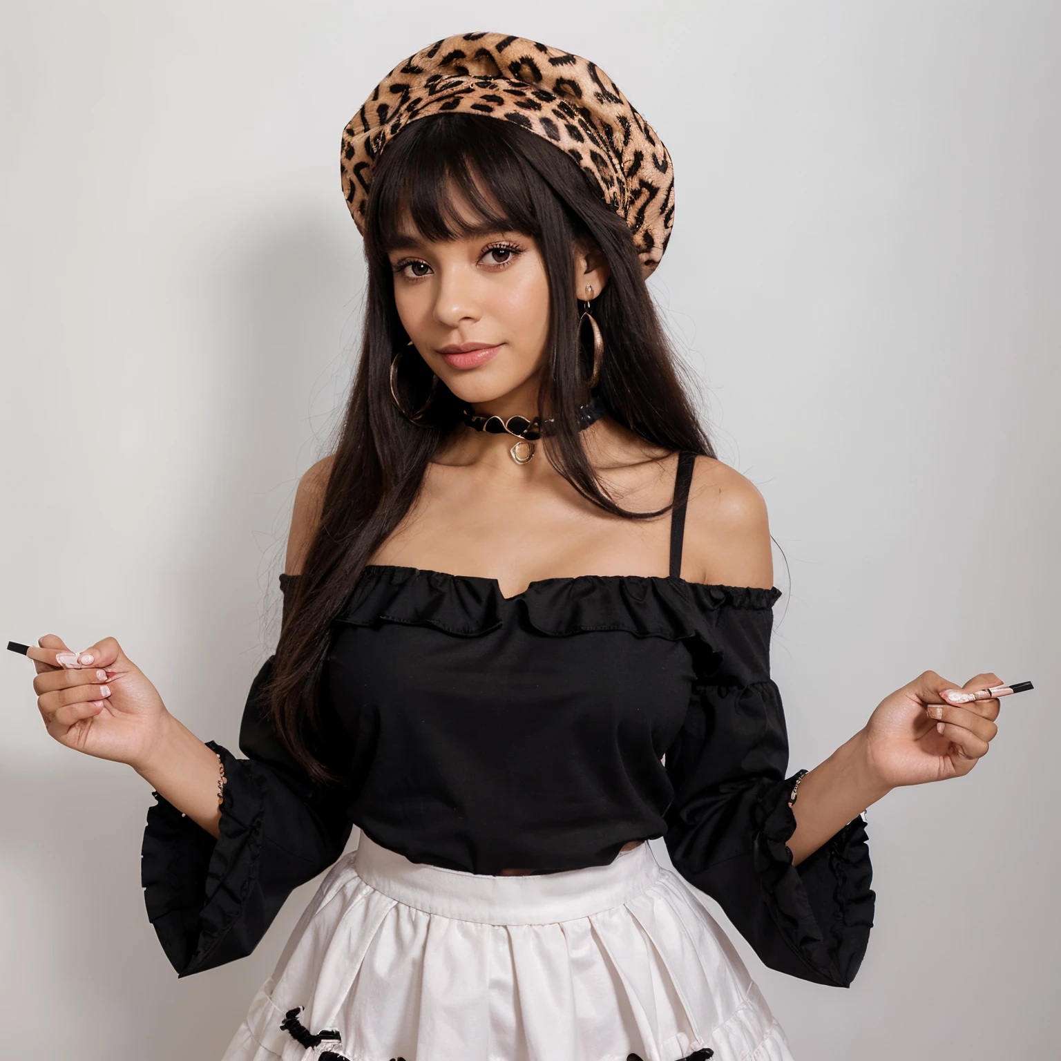 Afro, black hair, hat, jewelry, long hair, looking at viewer, bangs, earrings, skirt, white background, smile, shirt,heart earrings, long sleeves, heart, black headwear, black shirt, frilled choker, breasts, brown eyes, choker, blunt bangs, upper body, beret, frills, nail polish, ribbon, red nails, closed mouth, animal print, blush, frilled sleeves, leopard print, neck ribbon, own hands together