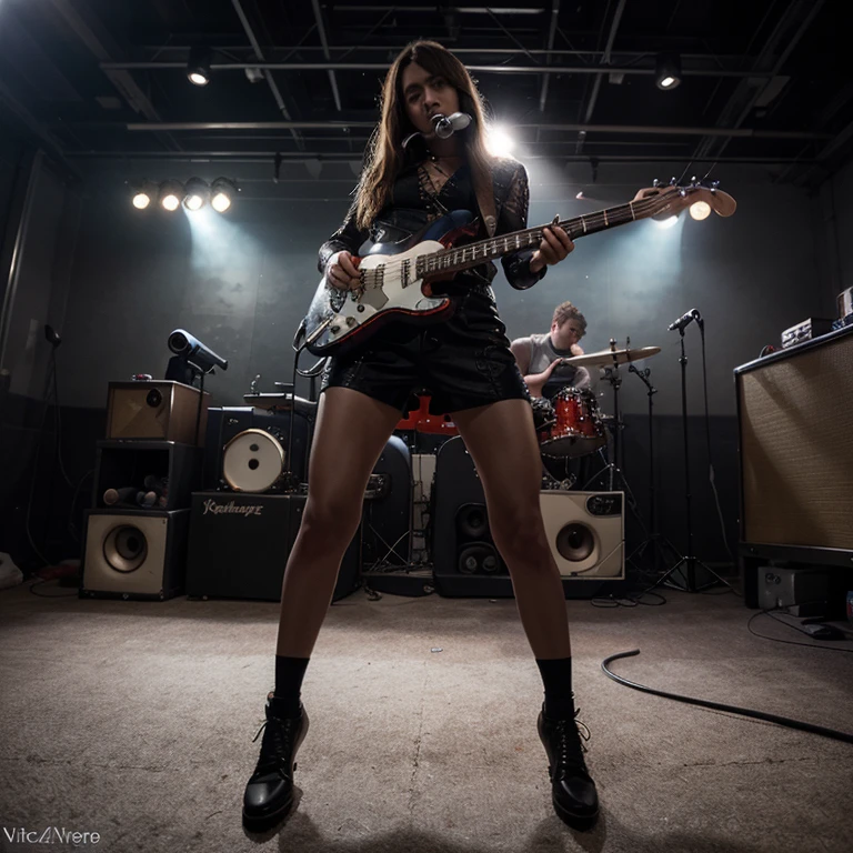 Nudist metalhead girls play bass guitars