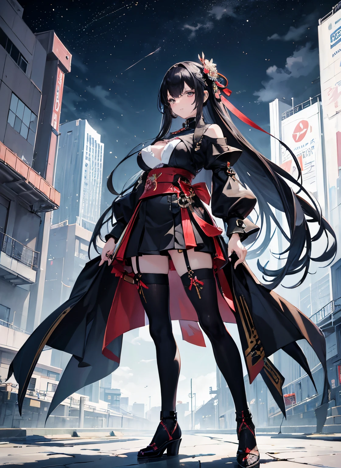 ((masutepiece)), ((Best Quality)), (Ultra-detailed), ((kawaii)), tremble for), ((Sexy)), ((Extremely detailed)), 4K, (8K), Best Quality, (Beautiful), (Anime style:1.2), Flat color, Painting, //, Dynamic Pose ((smirk NSFW)), //, Full body, Gradation, Standing picture、Beautiful woman with fair skin、She has long black hair、Height 173cm、Slim yet curvaceous body shape(92 W62 H88)Doing。Her outfit 、High pride、Sharp eyes、she is the devil、has the ability to transform into a bird、Sensing the emotions of human desire、nourish。 The background depicts a modern Japanese cityscape.、There are also items and decorations that symbolize occupations such as love counselors and matchmaking hosts......。This prompt about her physical characteristics、Nature、Suitable for comprehensively expressing occupations, etc.。Painting touch that combines watercolor and manga touch.、Highlight her mysterious and dynamic personality、Sparkling eyes, (Perfect eyes:1.2), (Perfect iris:1.2), //, (Cool),Cute face, kawaii, Large breasts, Delicate hair, disheveled hair, city ruins, ((Ground View)) Tall and tall,Thin, 8K, ultla realistic, offcial art