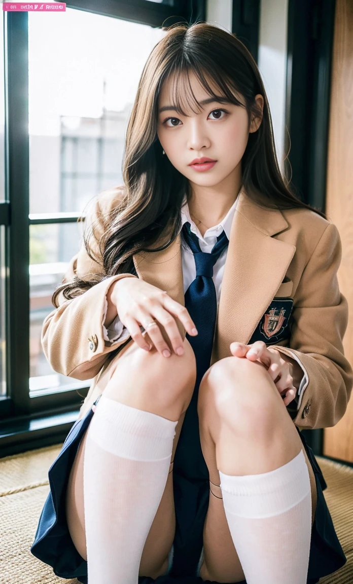 ulzzang -6500-v1.1, (Raw foto:1.2), (Photorealsitic:1.4), a beautiful detailed girl, extremely detailed eye and face, beatiful detailed eyes, Ridiculous, unbelievable Ridiculous, huge filesize, ultra-detailliert, hight resolution, ighly detailed, top-quality, masterpiece, Kemomimi, ((Japan Girls' High School Uniforms)), illustratio, ighly detailed, nffsw, unification, 8k wallpaper, astonishing, finely detail, masterpiece, top-quality, Highly detailed ticker uniform 8K wallpaper, face lights、Cinematographic lighting、1girl in、sixteen years old、(witheout panties)、((dynamicposes)))、(camel's toe)、(half)、、(Crooked knees and legs sitting)), Fluffy scarves, big down coat