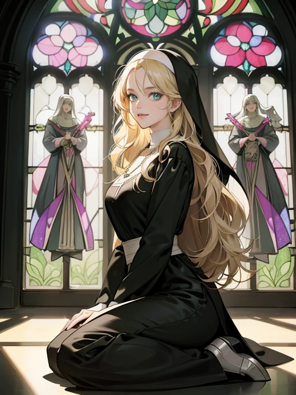 mature woman, medium breasts, ((pale blonde hair with bangs, long hair, wavy hair, bright green eyes)), wearing a black and white nun outfit, innocent expression, waring a cross necklace, pink lips color, smiling happily at viewer, Surrealism, anime style, depth of field, 8k, super detail, high details, Cinematic lighting,  close up face, hyper HD, Masterpiece, High details, detailed light, detailed shadow, detailed background, full body image, background: medieval church, dramatic lighting through stained glass window
