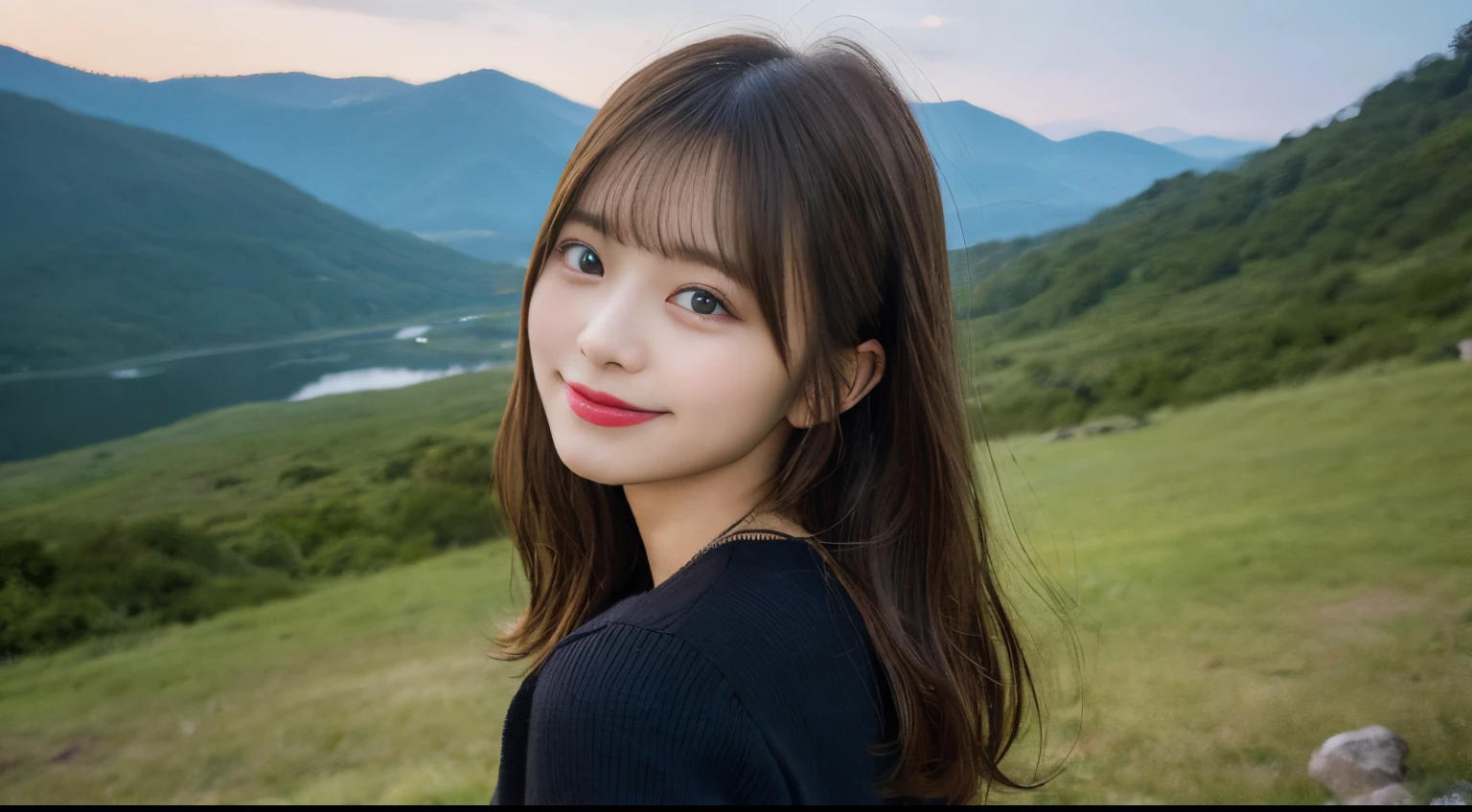 masutepiece, Best Quality, Illustration, Ultra-detailed, finely detail, hight resolution, 8K Wallpaper, Perfect dynamic composition, Beautiful detailed eyes, she is wearing a black long sleeve t-shirt,Medium Hair,Natural Color Lip, Correct posture,Smile,Harajuku、20 years girl、Straighten your back and look at the camera、C Cup、Brown hair、cacique#39;s face、blurred mountain peak camping background