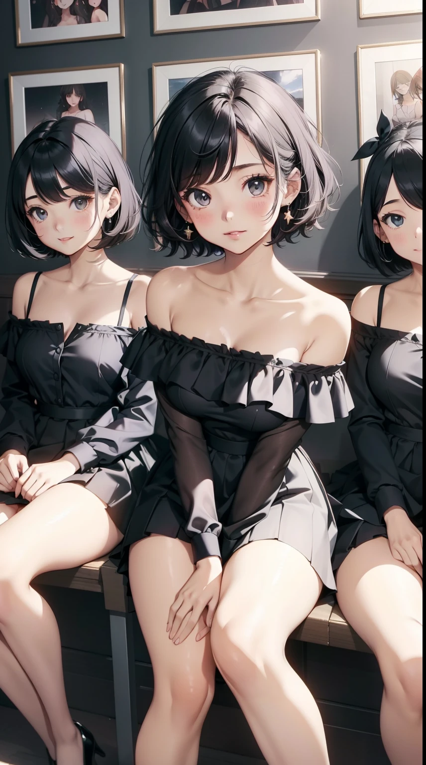 4 girls，Off-the-shoulder attire，multipel Girls，Picture quality、posh，Short hair details，sidefellatio，ssmile，，Best Bust 100 for Slip Skirts、high high quality、visual art、Background and current situation