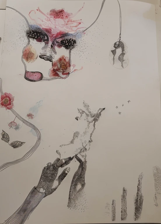 in an environment full of flowers，A pair of magical hands tears apart different faces and reassembles them into monsters，The judge stood in the corner with his eyes closed，didn#39;t stop him，Presented in a hand-drawn illustration style，Make the picture complete and rich，Use various lines