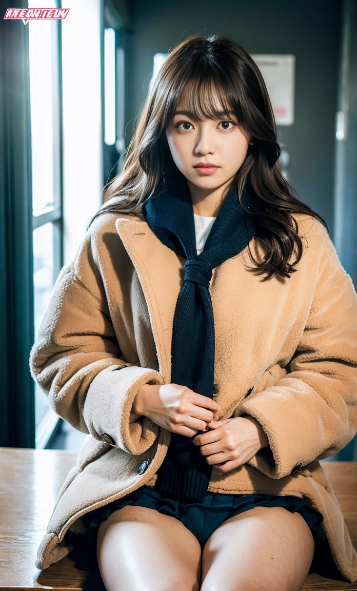 ulzzang -6500-v1.1, (Raw foto:1.2), (Photorealsitic:1.4), a beautiful detailed girl, extremely detailed eye and face, beatiful detailed eyes, Ridiculous, unbelievable Ridiculous, huge filesize, ultra-detailliert, hight resolution, ighly detailed, top-quality, masterpiece, Kemomimi, ((Japan Girls' High School Uniforms)), illustratio, ighly detailed, nffsw, unification, 8k wallpaper, astonishing, finely detail, masterpiece, top-quality, Highly detailed ticker uniform 8K wallpaper, face lights、Cinematographic lighting、1girl in、、(witheout panties)、((dynamicposes)))、(camel's toe)、(half)、、(Crooked knees and legs sitting)), ((Fluffy scarves)), ((big down coat))