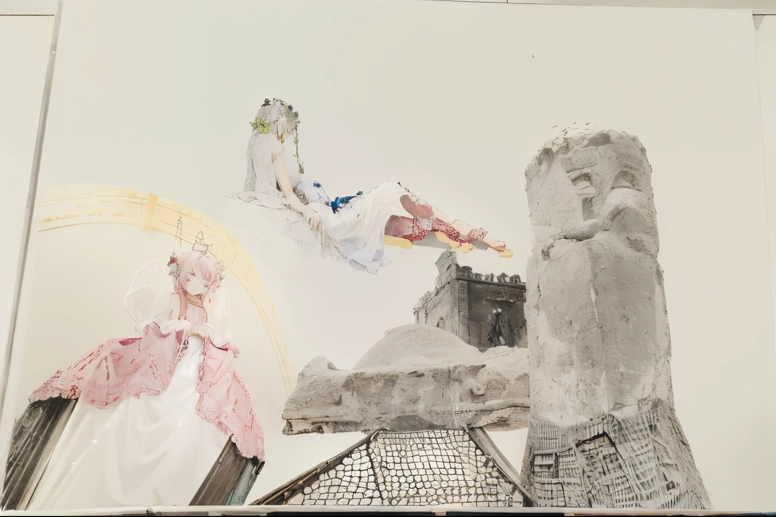 Next to an ancient humanoid sculpture，A girl sits at the well next to the statue，Birdcage in hand，Waiting for her parrot and her sister。A man  staring at the two girls