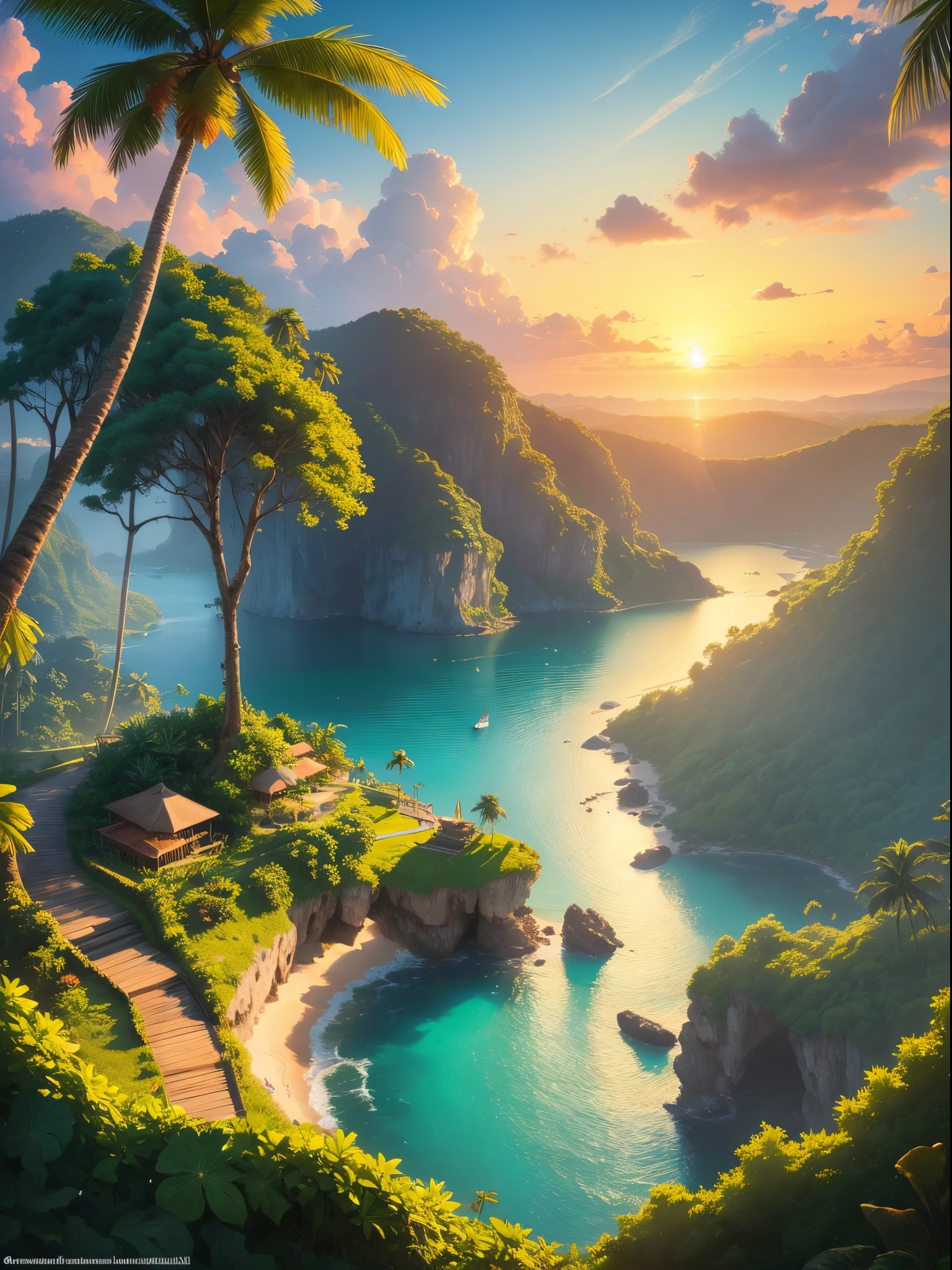painting of a sunset on a tropical beach with a greeny hill and far distance waterfall in the background, coconut trees, small sailing boat, beautiful art uhd, detailed painting, highly detailed digital art, anime art wallpaper 4k