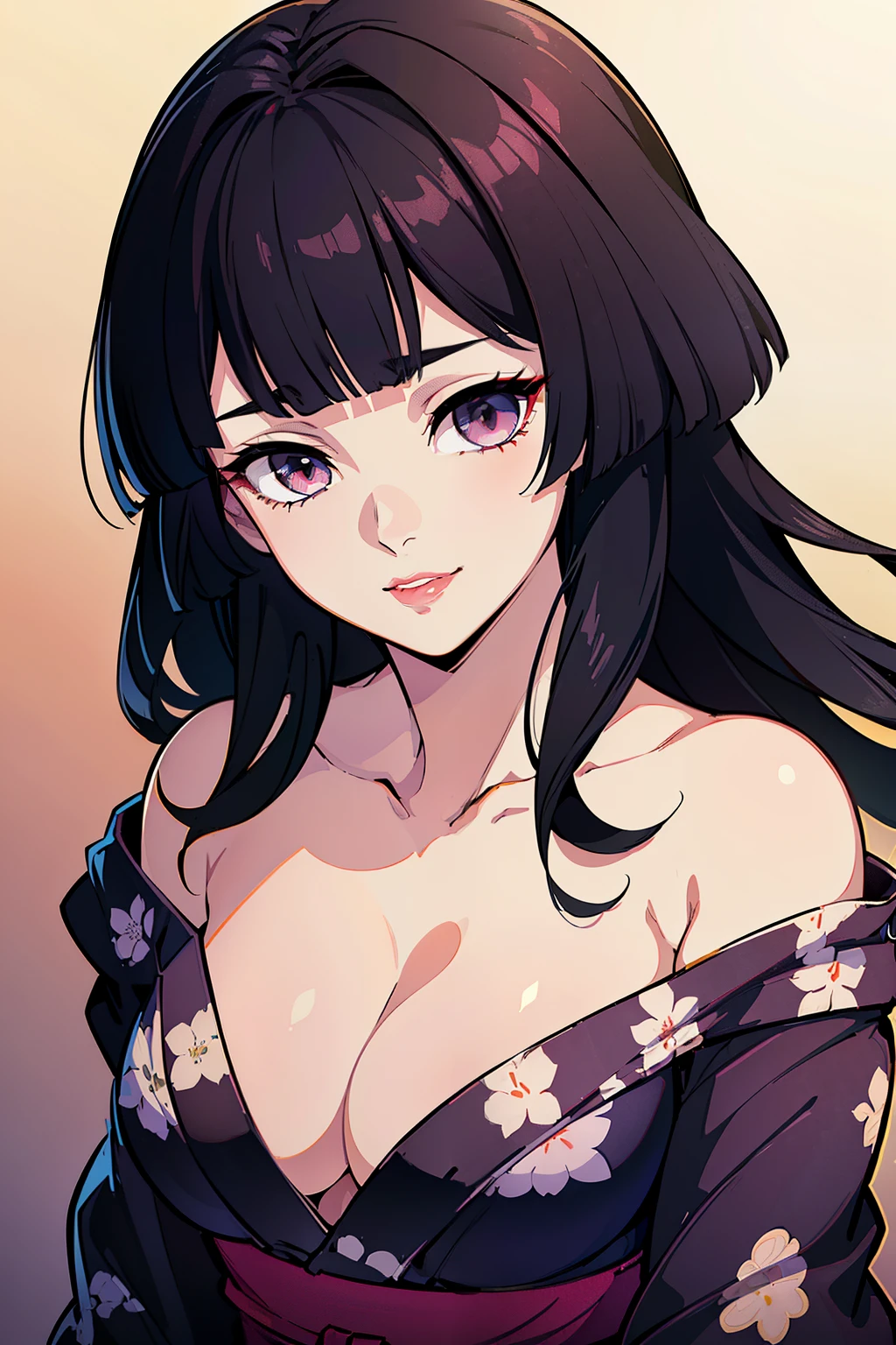 (high-quality, breathtaking),(expressive eyes, perfect face) (((off shoulder yukata, cleavage, sexy lips)), 1girl, female, solo, young adult, black hair , black coloured eyes, stylised hair, gentle smile, medium length hair, loose hair, side bangs, japanese clothing, demon slayer art style