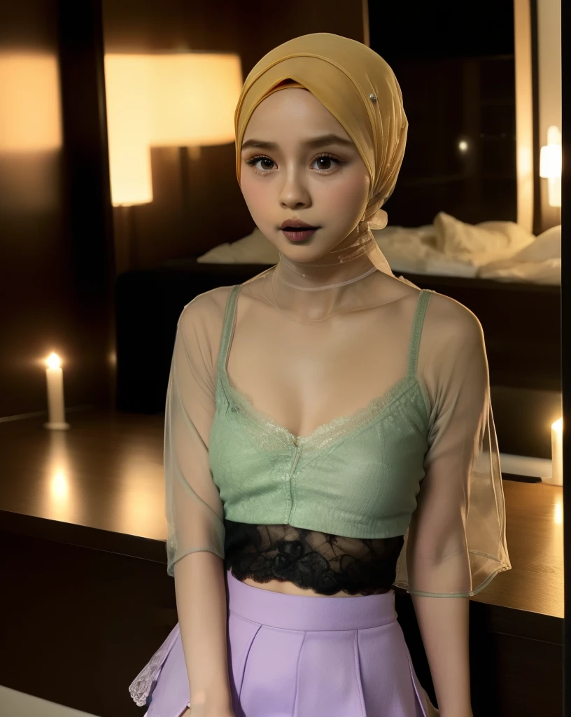 (((HIJAB MALAY GIRL))), (((transparent yellow lace lingerie ))), masutepiece, High quality, UHD 32K, Realistic face, Realistic skin feeling , A Japanese Lady, 8 years old, Little Girl, Very cute and baby-like face, (((FLAT CHEST))), (MATRIX WORLD), ((look In front  at the camera and SADNESS)), (((LITTLE GIRL))), (((CUTE GIRL))).