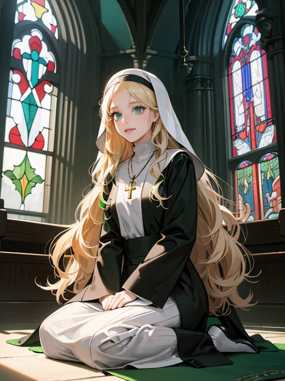 mature woman, medium breasts, ((pale blonde hair with bangs, long hair, wavy hair, bright green eyes)), wearing a black and white nun outfit, innocent expression, waring a cross necklace, pink lips color, smiling happily at viewer, Surrealism, anime style, depth of field, 8k, super detail, high details, Cinematic lighting, close up face, hyper HD, Masterpiece, High details, detailed light, detailed shadow, detailed background, full body image, background: medieval church, dramatic lighting through stained glass window, praying in the pews