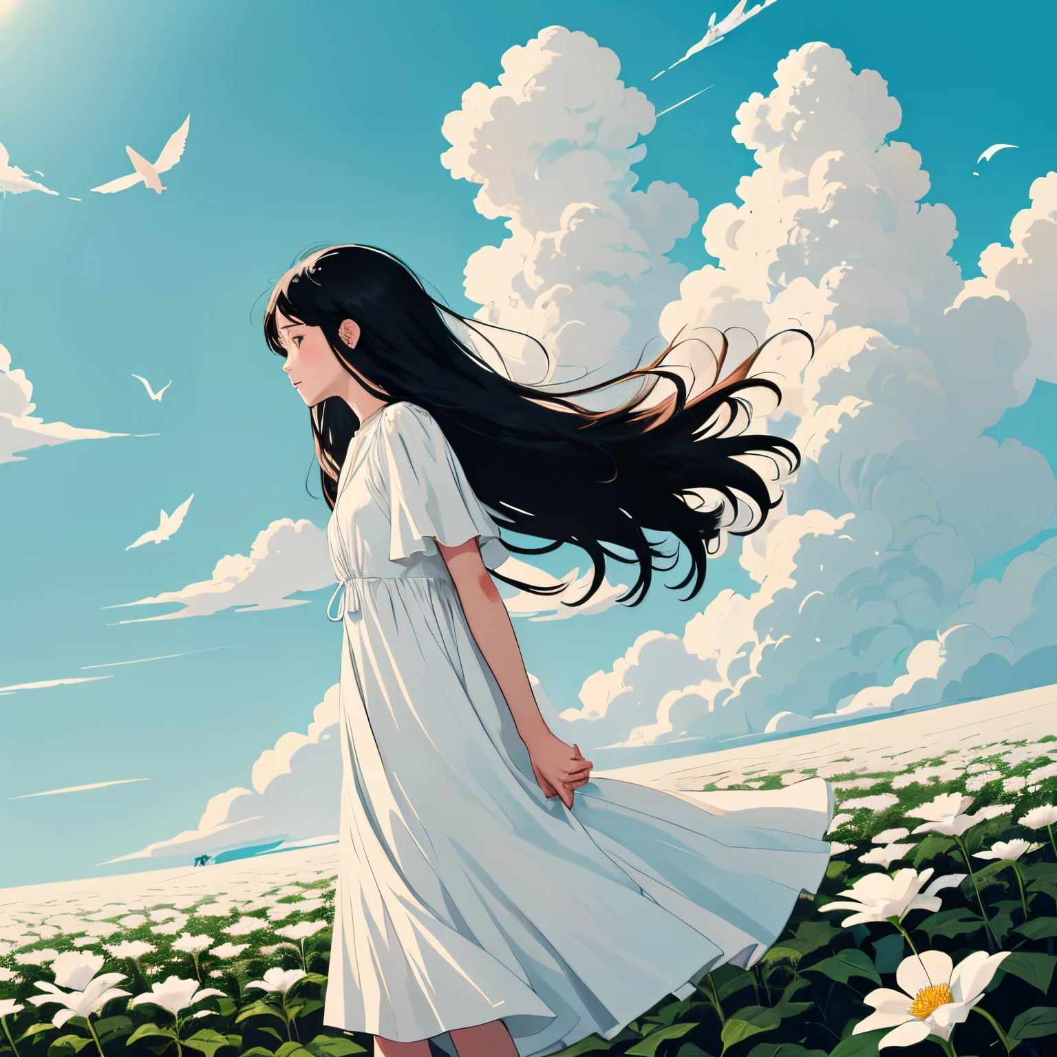 Minimalism,shadow flat vector art,masterpiece,best quality,art by Rami Niemi,1girl, 1boy, plant, long hair, bird, dress, wide shot, white dress, cloud, flower, black hair, leaf, profile, sky, outdoors, white flower