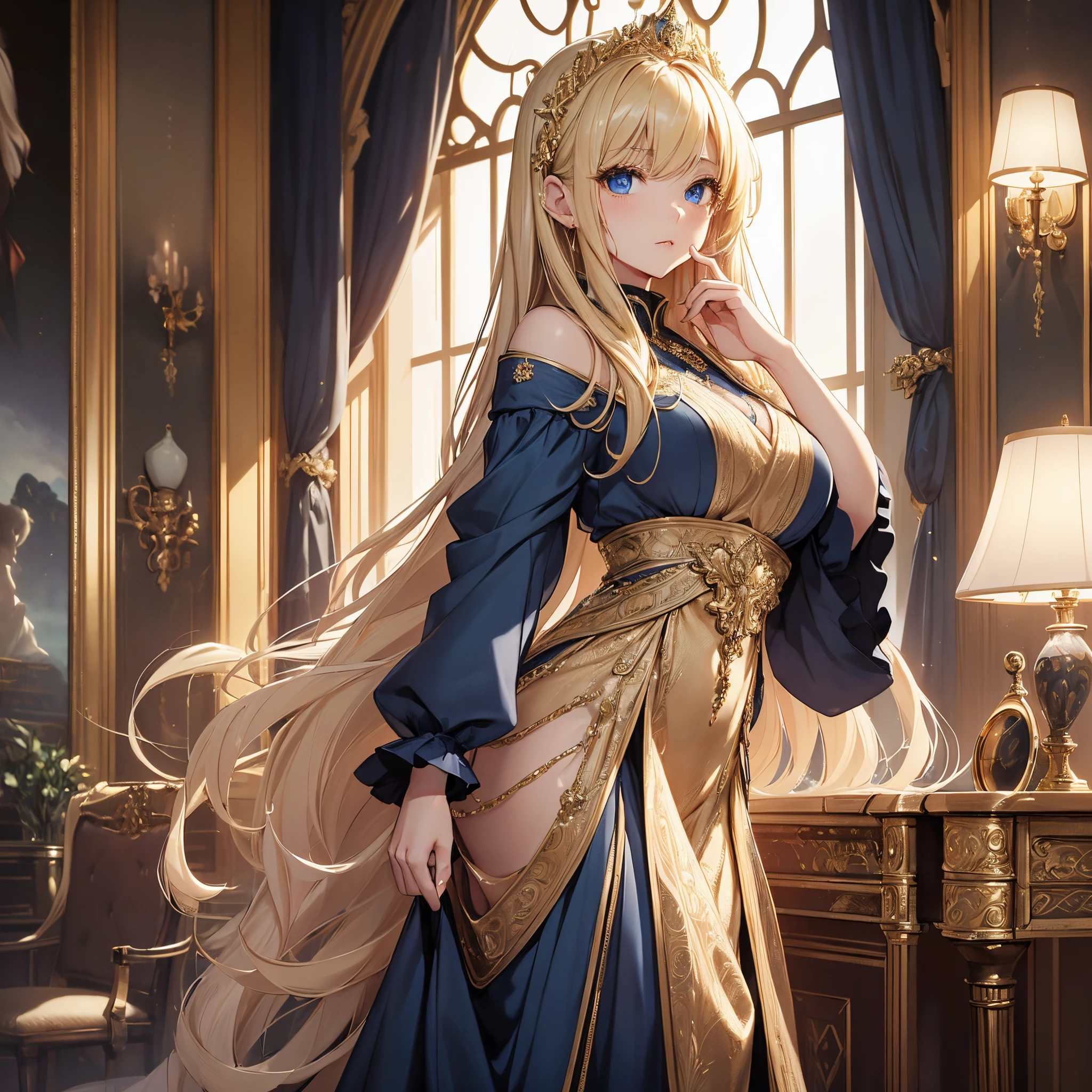 top-quality、Top image quality、masterpiece、girl with((20yr old、Best Bust、big bast、Bust 85,beautiful golden eyereasts wide open,Blonde long hair、A slender、Large valleys、casual Dress Leaning forward、Reflecting the whole body))high quality、Beautiful Art、Background with((Luxury Hotels、 fancy dress、Window with night view)))masterpiece、visualart、depth of fields、alone, sad face, mature look her face, defined glossy lips, blue eyes
