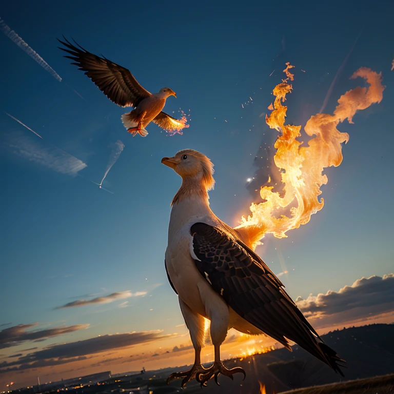 An egal with fire flying over the sky