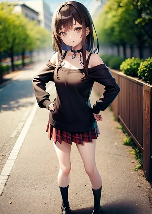 (masutepiece, of the highest quality, Best Quality), (Splash Art), Japanese girl, japanese street, One hand is on his hip,  Casual, Bangs, Bare shoulders,  Black footwear,, Brown eyes, Brown hair, Closed mouth, Holding, Long hair, Long sleeves, Looking at Viewer, off shoulders, shoes, She is wearing a red and black plaid mini pleated skirt., sleeves past wrists, Thigh-length socks, Solo, Black sweater, White legwear,