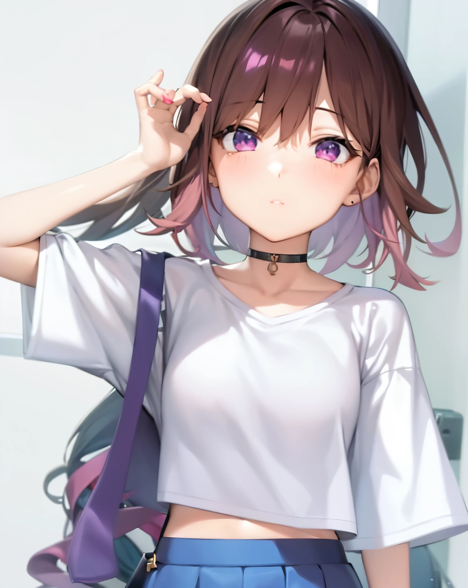 anime girl with purple hair and a white shirt and blue skirt, anime visual of a cute girl, smooth anime cg art, sayori, cute anime girl, anime moe artstyle, portrait of an anime girl, an anime girl, portrait anime girl, portrait of cute anime girl, anime girl, kawaii realistic portrait, portrait of anime girl, young anime girl , best quality, high resolution, unity 8k wallpaper, Ultra-detailed,High resolution,super detailed skin