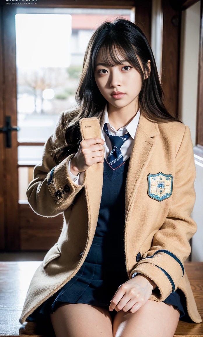 ulzzang -6500-v1.1, (Raw foto:1.2), (Photorealsitic:1.4), a beautiful detailed girl, extremely detailed eye and face, beatiful detailed eyes, Ridiculous, unbelievable Ridiculous, huge filesize, ultra-detailliert, hight resolution, ighly detailed, top-quality, masterpiece, Kemomimi, ((Japan Girls' High School Uniforms)), illustratio, ighly detailed, nffsw, unification, 8k wallpaper, astonishing, finely detail, masterpiece, top-quality, Highly detailed ticker uniform 8K wallpaper, face lights、Cinematographic lighting、1girl in、sixteen years old、(witheout panties)、((dynamicposes)))、(camel's toe)、(half)、、(Crooked knees and legs sitting)), ((fluffy muffler down coat))