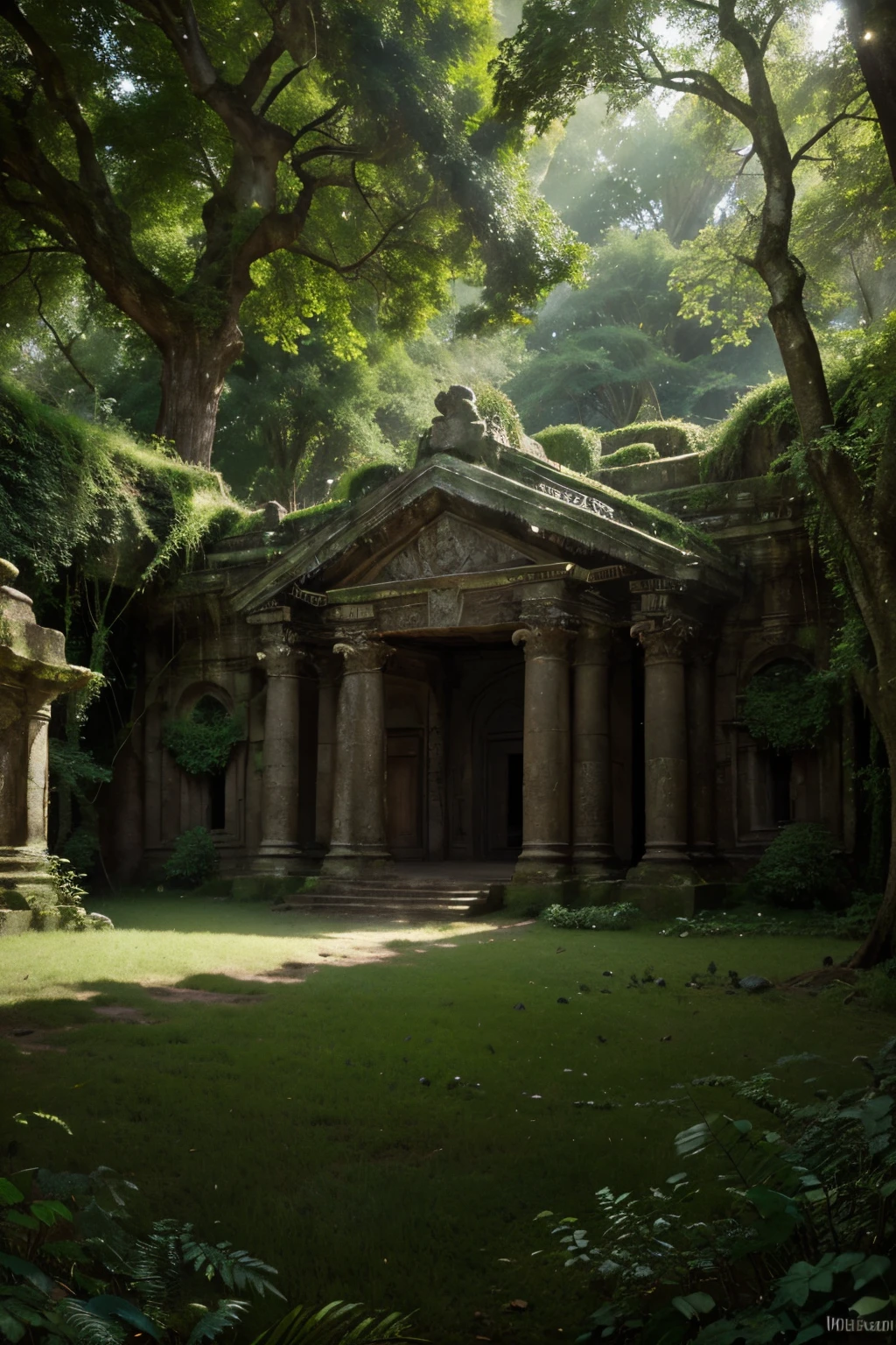 (Best quality,4K,8K,A high resolution,Masterpiece:1.2),Ultra-detailed,(Realistic,Photorealistic,photo-realistic:1.37),Ancient ruins,giant fantasy creatures,an enchanted forest,Prehistoric beasts,mythological creatures,Dense vegetation,Mossy tree,Majestic vines,glowing mushrooms,ancient symbols,The dimming sun,Ethereal atmosphere,Lush greenery,magical ambiance,Ruins covered with ivy,Secrets hidden in the shadows,mystical aura,whispers of the past,Secluded trails,exquisite attention to detail,Majestic and awe-inspiring,lost civilizations,enchanted artifacts,Ancient legends come to life,Huge stone carved with ancient texts,Mysterious creatures roam the forest,There  a mysterious aura in the air,Fading memories of a long-forgotten era,A magical injection of nature and history,A true masterpiece of fantasy and wonder.