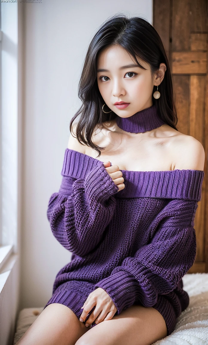 ulzzang -6500-v1.1, (Raw foto:1.2), (Photorealsitic:1.4), a beautiful detailed girl, extremely detailed eye and face, beatiful detailed eyes, Ridiculous, unbelievable Ridiculous, huge filesize, ultra-detailliert, hight resolution, ighly detailed, top-quality, masterpiece, Kemomimi, ((Purple Off-Shoulder Knit Mini Dress)), illustratio, ighly detailed, nffsw, unification, 8k wallpaper, astonishing, finely detail, masterpiece, top-quality, Highly detailed ticker uniform 8K wallpaper, face lights、Cinematographic lighting、1girl in、、(witheout panties)、((Dynamically hiding the face behind the muffler)、Winters、kou