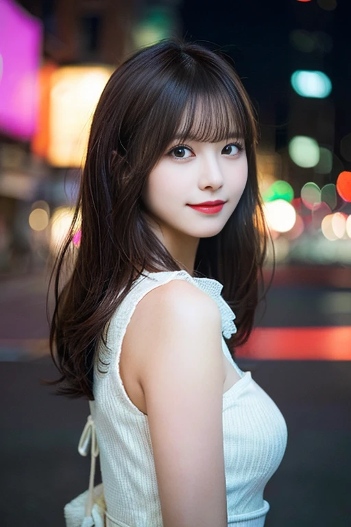 (masterpiece:1.5)、(8K)、(Photorealsitic:1.5)、Raw photography、(Top image quality:1.4)、(foco nítido:1.5)、 masutepiece, Best Quality, Illustration, Ultra-detailed, finely detail, hight resolution, 8K Wallpaper, Perfect dynamic composition, Beautiful detailed eyes, knit,Medium Hair,Natural Color Lip,,Smile,Harajuku、20 years girl、Cute、Sexy shot looking at camera、C Cup、Brown hair、cacique#39;s face、Blurred night downtown background
