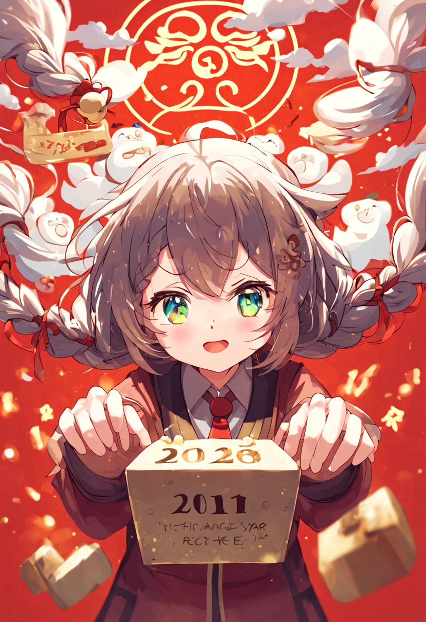 Game character design,(((Vector illustration style))),(1 chubby ,Wearing the legendary Chinese New Year red costume,Wearing an auspicious gemstone headdresuwa#39;s facial expression cute and enthusiastic,The eyes are shining,The corners of the mouth are raised), (Fuwa holds a bunch of firecrackeruwa’s hair has two cute little braids,You can tie a red ribbon on the braid), (((The stands up,Chinese Xiangyun cloth shoes: 1.6, Glowing lines or deep red LED light effect))), (whole body: 1.5), (((Chinese New Year elements, Chinese red background, auspicious clouds))), (pov, first-person view, Ghibli-like colours, Luminism, cinematic lighting, UHD, masterpiece, ccurate, anatomically correct, textured skin, super detail, high details, high quality, award winning, best quality, 4k), vivd colour, lively expression, eyes with brightness, Gentle background, styled