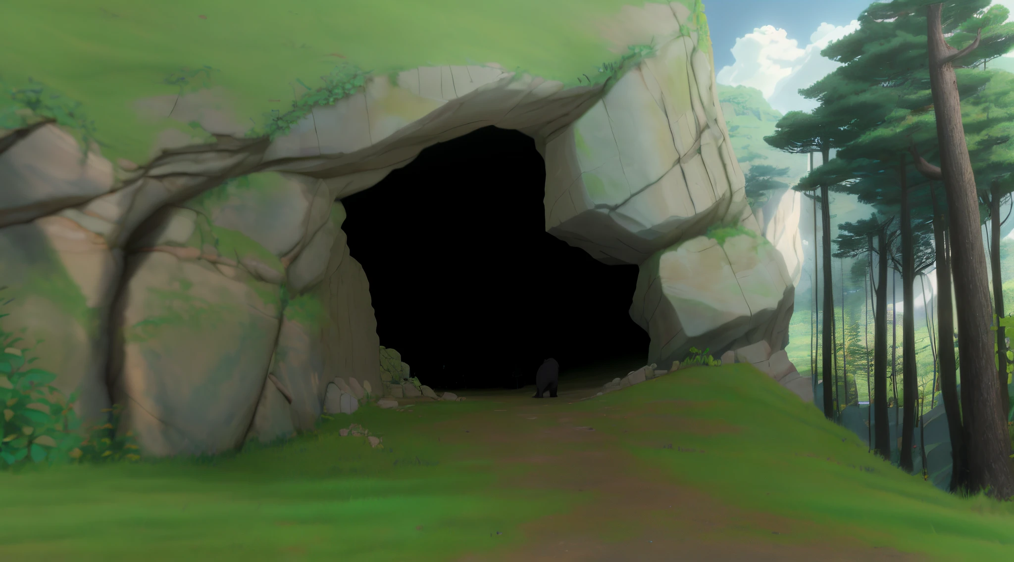 there a black bear that standing in the woods, cave background, cave setting, cave, looking into a mysterious cave, cave entrance, very dark cave, an extremely large cave, painted in anime painter studio, cave wall, ancient cave, drawn in microsoft paint, smooth cave rock, cel shading, overgrown cave, island with cave, cave town, cave, anime style, anime background, 4k anime background, 4k anime, 4k detailed,