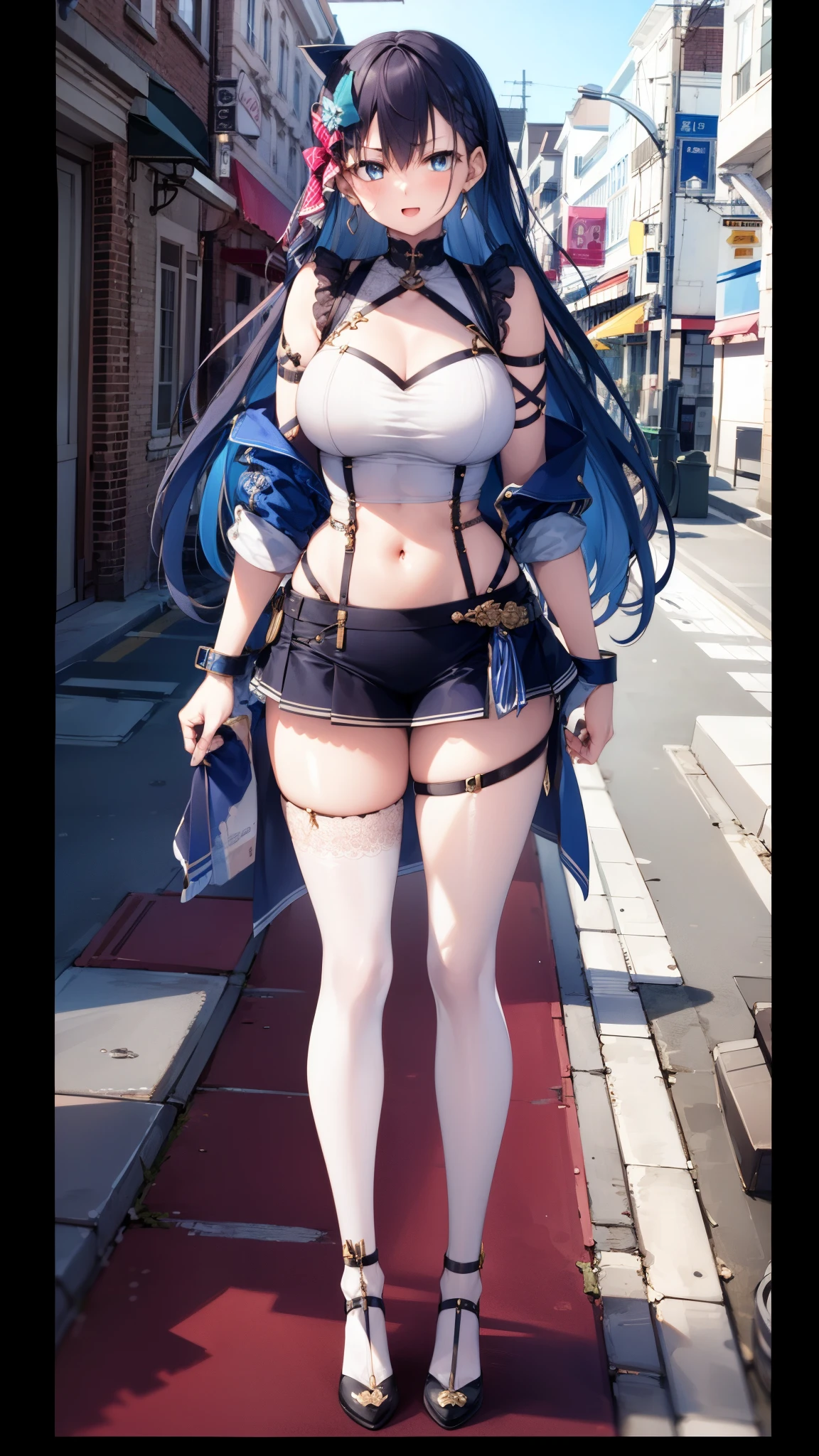 (masterpiece, highest quality:1.2), One Girl, alone,blonde、Upper body naked、Mid-chest、Black Knee High、Blue Hair、Nipple erection、Raise your hands and fold them behind your back、Drooling from the mouth、Half naked、Stand up and lift your legs、squint、Optical illusion、detailed、stand up、Standing on one leg、Lift your legs、whole body、whole、Lift your legs straight up、Put one foot on the ground、Blue Hair, Againm \(Again:zero\), [smile], blush, city,, masterpiece, highest quality, Perfect lighting, One girl, skirt, medium bAgainasts, masterpiece, Highest_quality, 1 person, solo, Hips, Big Ass, From the back, Light blue hair、Short hair、blue eyes、Againmu(Again:zero)、Drooling from the mouth、Open your mouth、Sticking out tongue