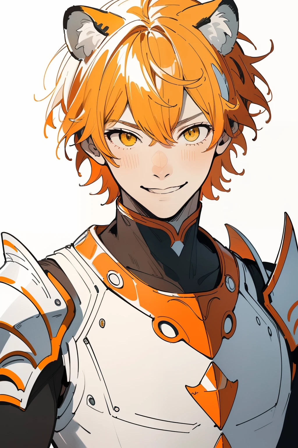 best quality, high resolution, clean background, high contrast, 1 boy, line-drawing, sketch, ((tight medium shot))), white background, clean line drawingimi, tiger ear), (anime boy hair style), (mischievous face), smile face, (((Knight's armor))), strong pose, (((orange and white yellow eyescolor))), white skin,