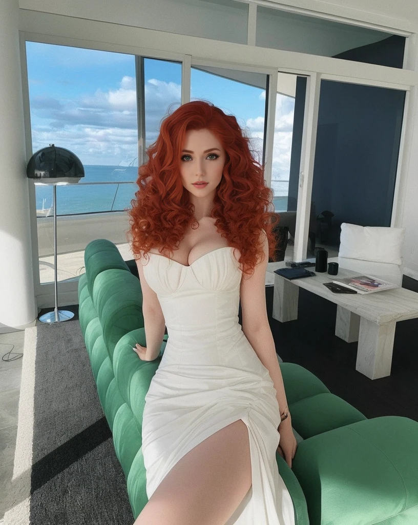 Arafa woman in a white dress sitting on a green sofa, Amouranth, mais conhecido como Amouranth, jovem Amouranth bonito, com cabelos ruivos cacheados, Deusa dos cabelos ruivos, Redhead Girl, pale skin curly blond hair, mulher ruiva bonita, mulher ruiva, amouranth as a super villain, Belo Thorne, red head, com longos cabelos ruivos