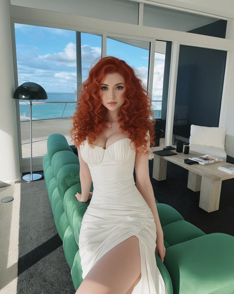 Arafa woman in a white dress sitting on a green sofa, Amouranth, mais conhecido como Amouranth, jovem Amouranth bonito, com cabelos ruivos cacheados, Deusa dos cabelos ruivos, Redhead Girl, pale skin curly blond hair, mulher ruiva bonita, mulher ruiva, amouranth as a super villain, Belo Thorne, red head, com longos cabelos ruivos