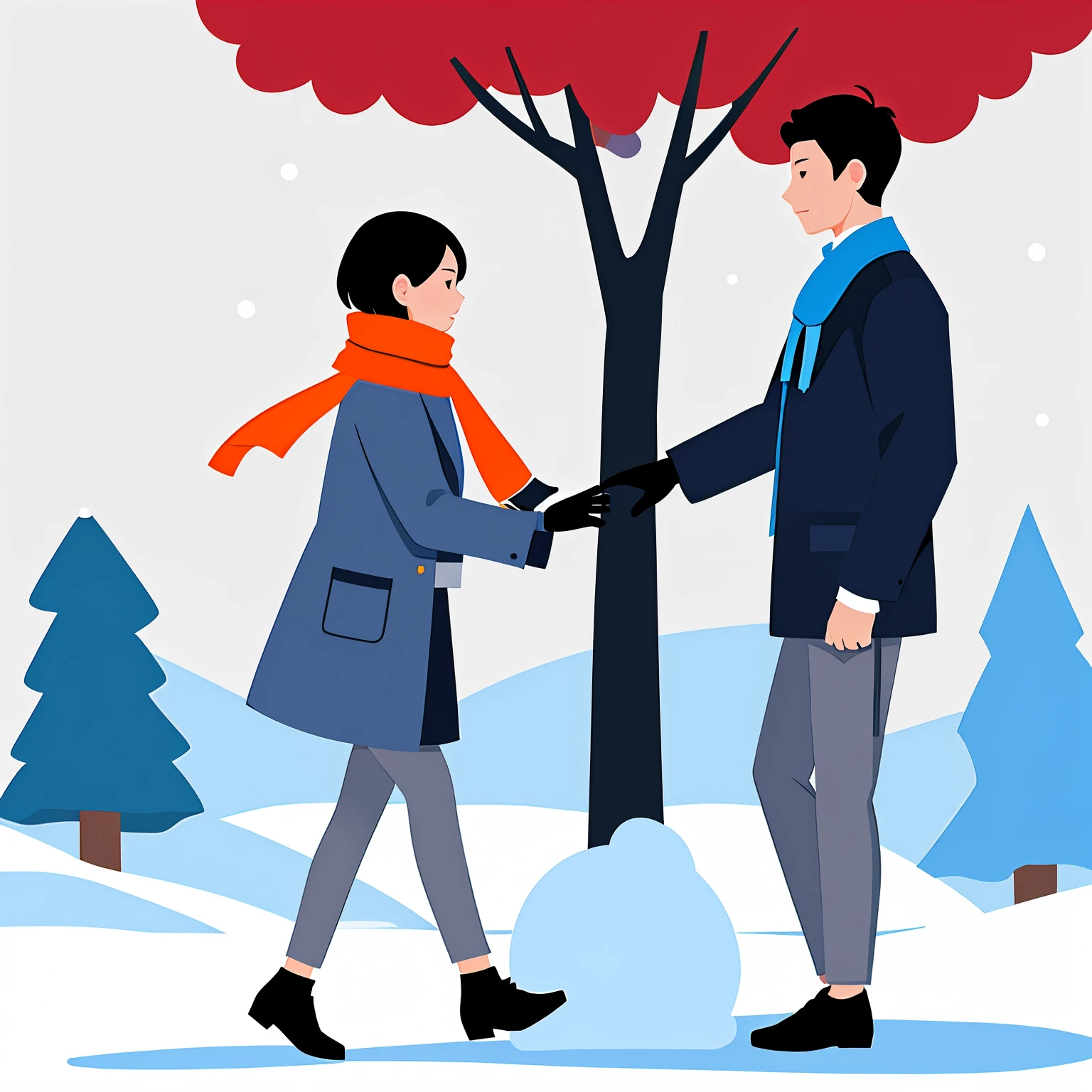 Minimalism,shadow flat vector art,masterpiece,best quality,1girl, scarf, snow, 1boy, outdoors, tree, black footwear, brown hair, pants, skirt, grey pants, jacket, winter, short hair, blue skirt, standing, gloves, long sleeves, profile, shoes, black jacket, wide shot, day,